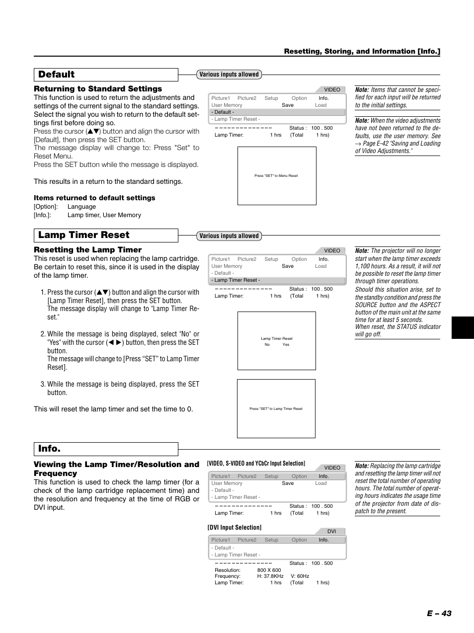 Default, Lamp timer reset, Info | E – 43, Returning to standard settings, Resetting the lamp timer, Viewing the lamp timer/resolution and frequency | PLUS Vision PLUS Piano HE-3200 User Manual | Page 43 / 51