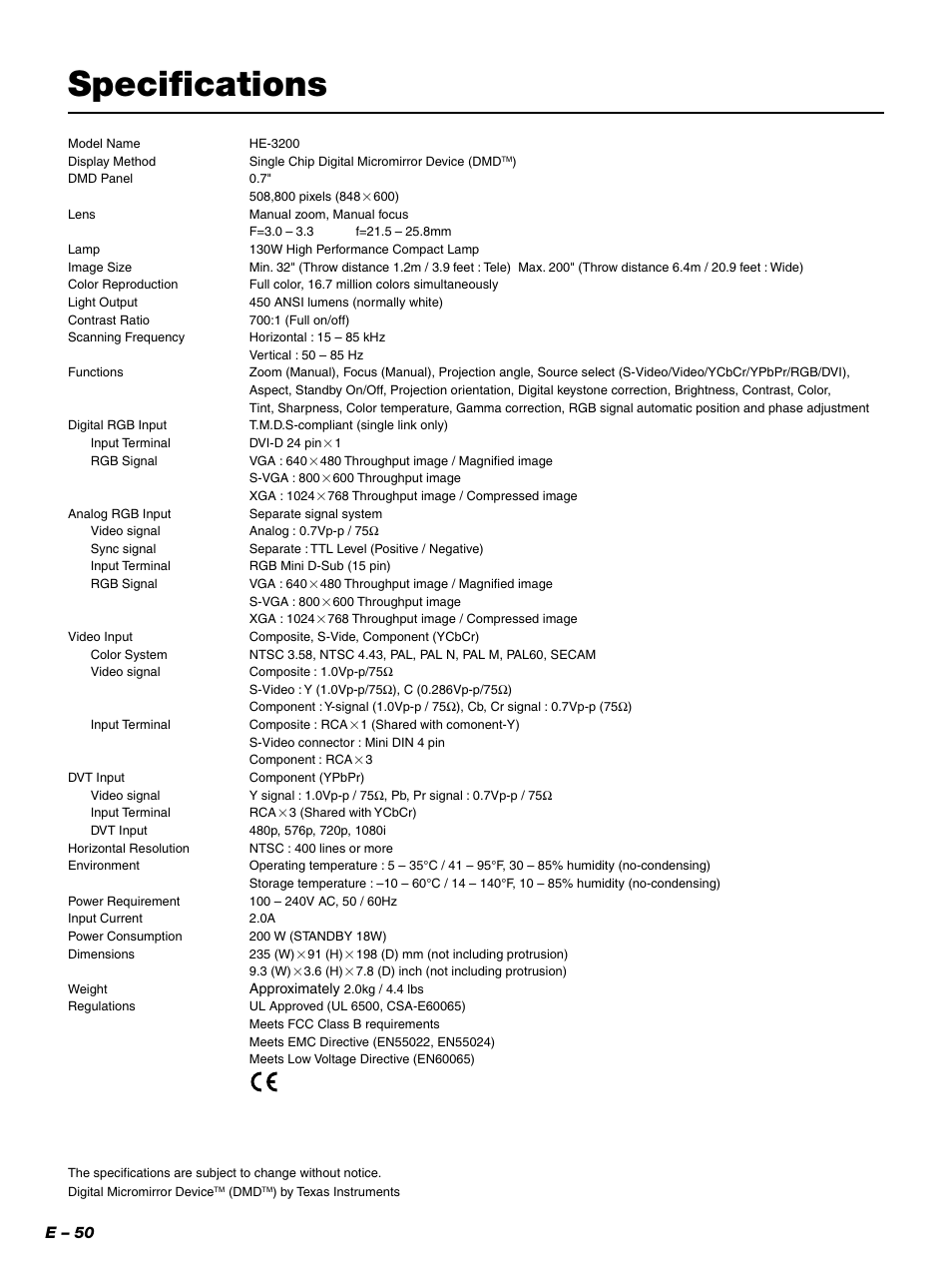 Specifications, E – 50 | PLUS Vision PLUS Piano HE-3200 User Manual | Page 50 / 51