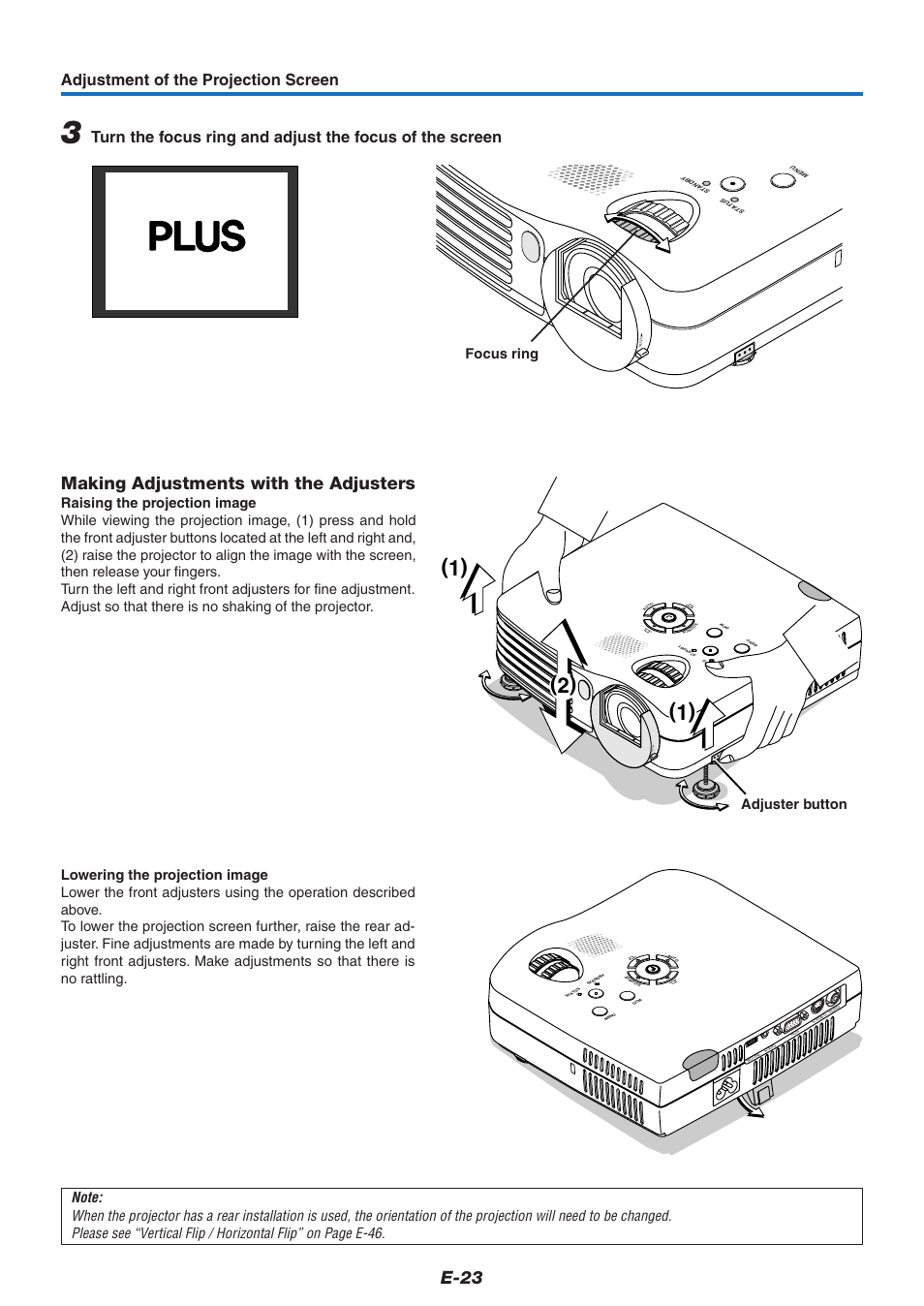 E-23, Making adjustments with the adjusters, Adjustment of the projection screen | Adjuster button, Focus ring | PLUS Vision V-339 User Manual | Page 24 / 64