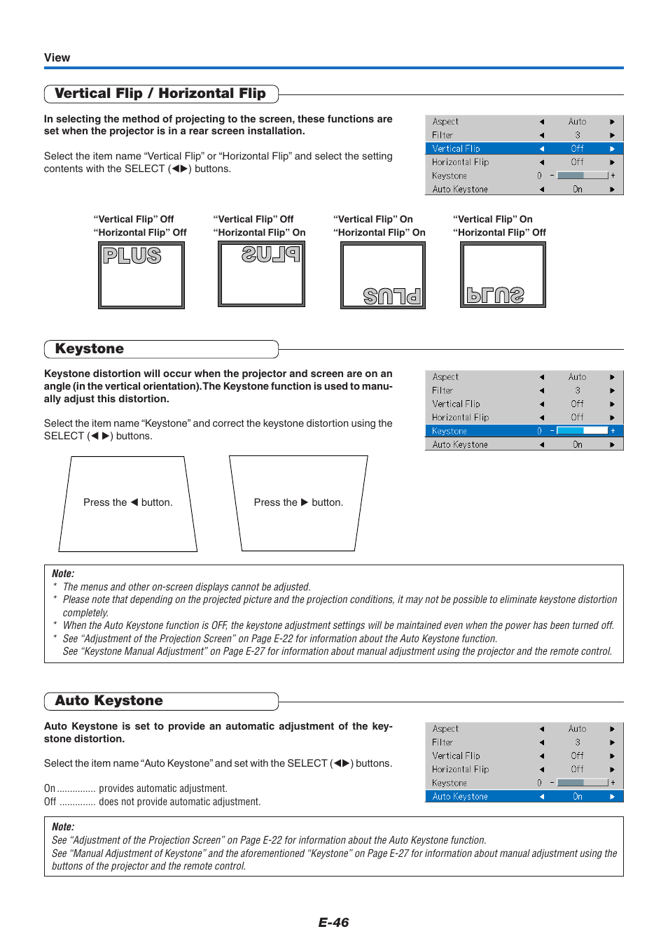Vertical flip / horizontal flip, Keystone, Auto keystone | PLUS Vision V-339 User Manual | Page 47 / 64