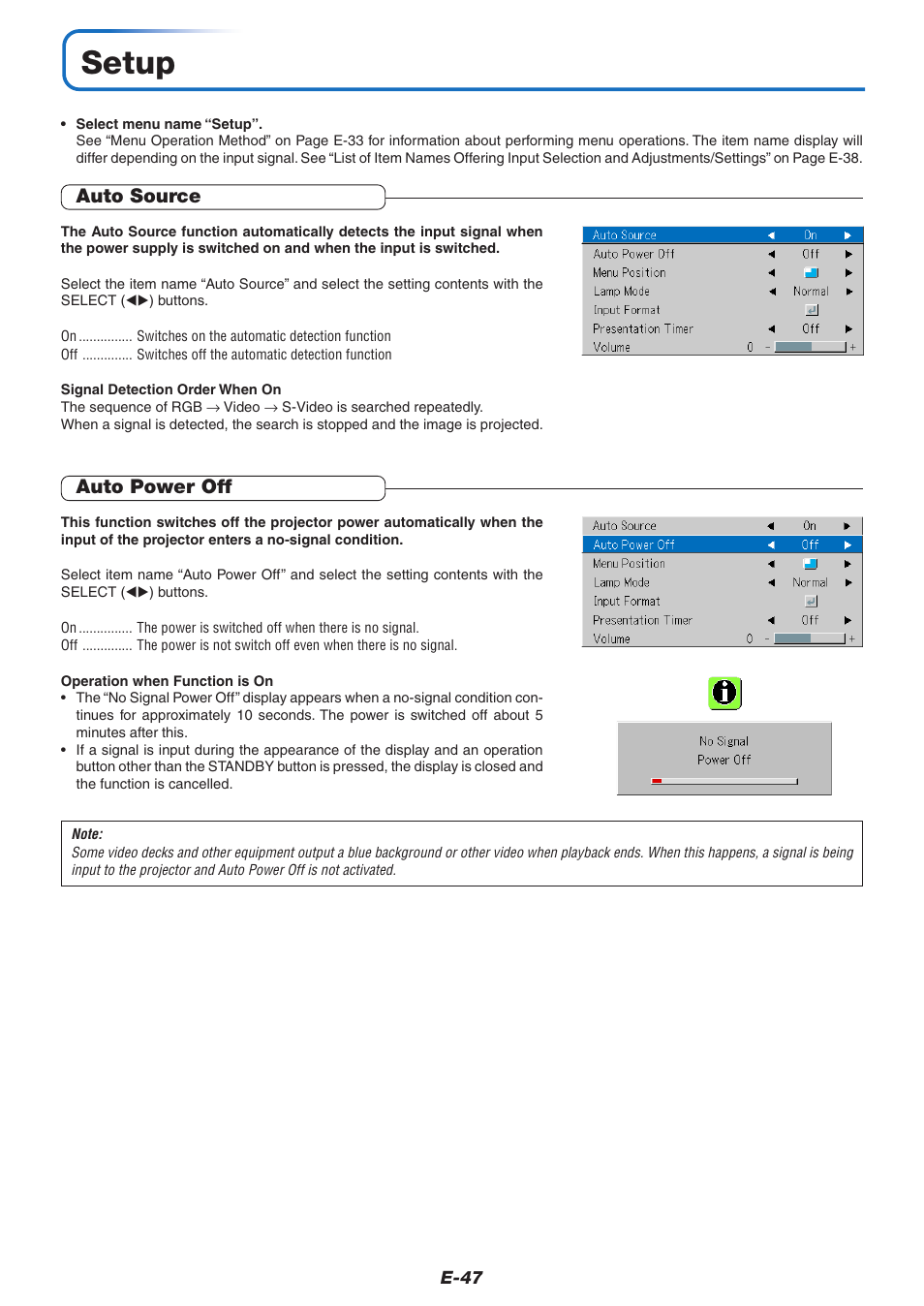 Setup, Auto source, Auto power off | PLUS Vision V-339 User Manual | Page 48 / 64