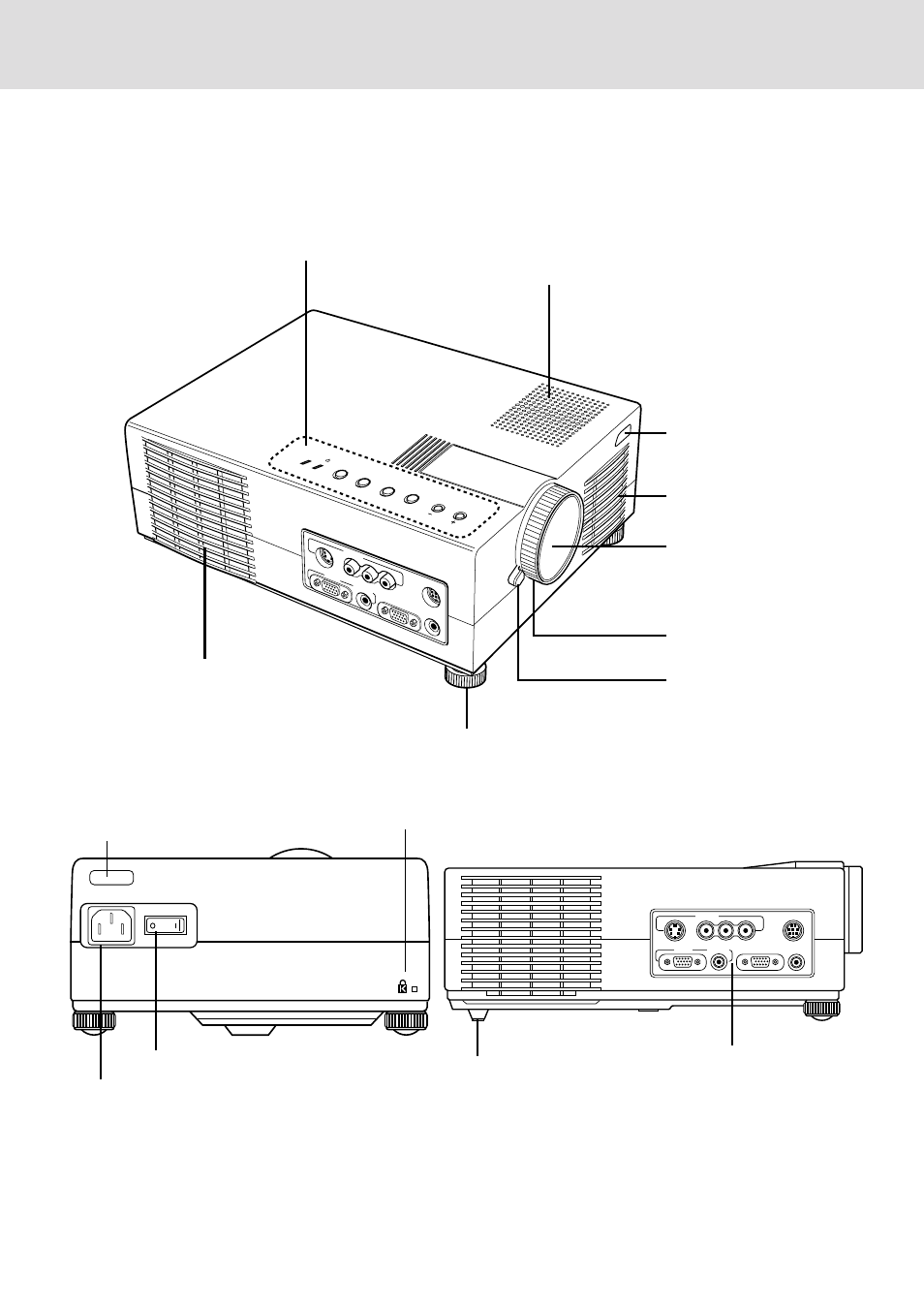 Getting to know your up-800 data projector, Left side features, Front features | Rear features, E – 7, Power switch | PLUS Vision UP-800 User Manual | Page 7 / 35
