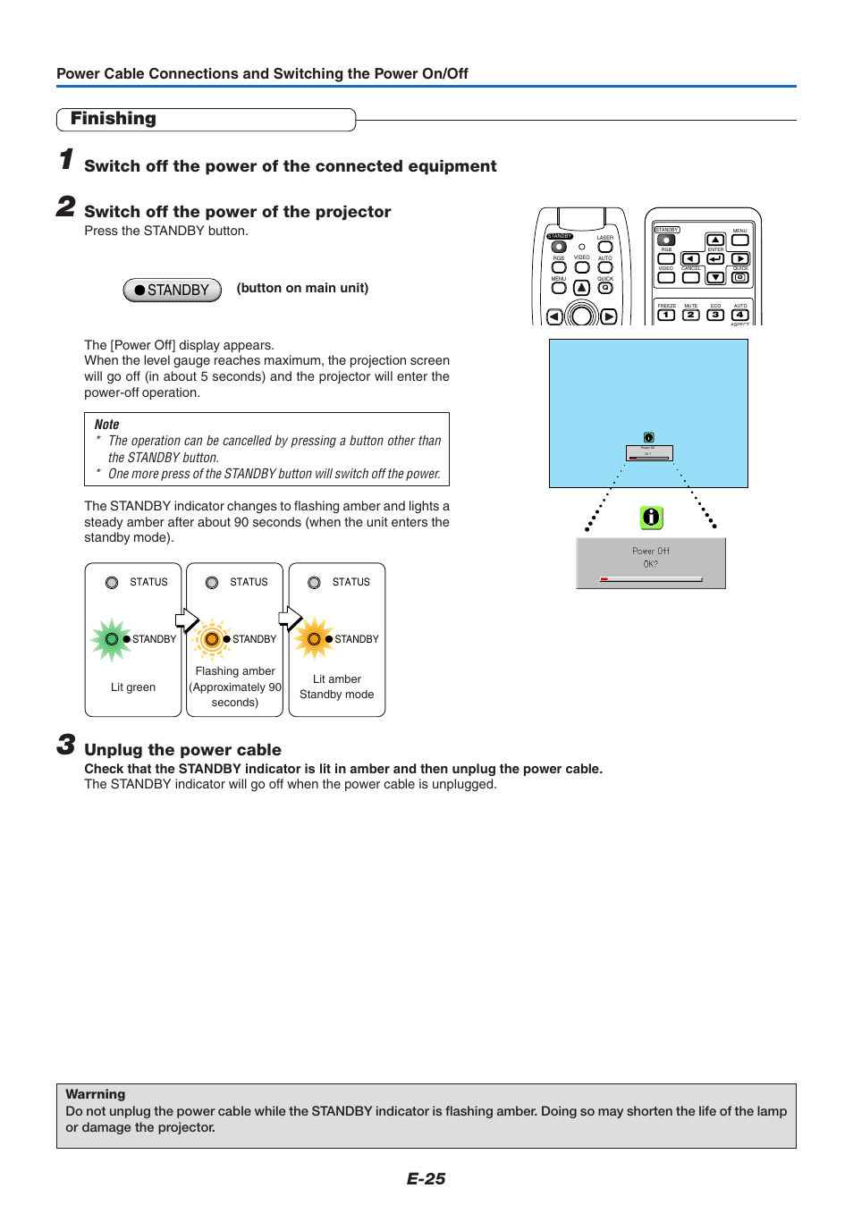 Finishing, E-25, Switch off the power of the connected equipment | Switch off the power of the projector, Unplug the power cable, Standby | PLUS Vision U5-632h User Manual | Page 25 / 73