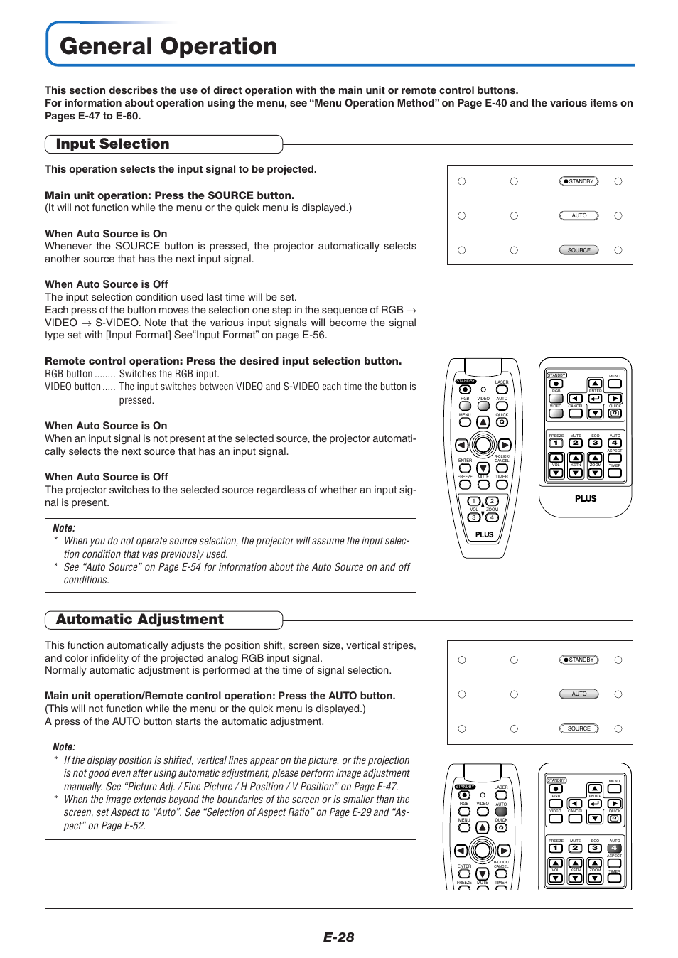 General operation, Input selection, Automatic adjustment | E-28 | PLUS Vision U5-632h User Manual | Page 28 / 73