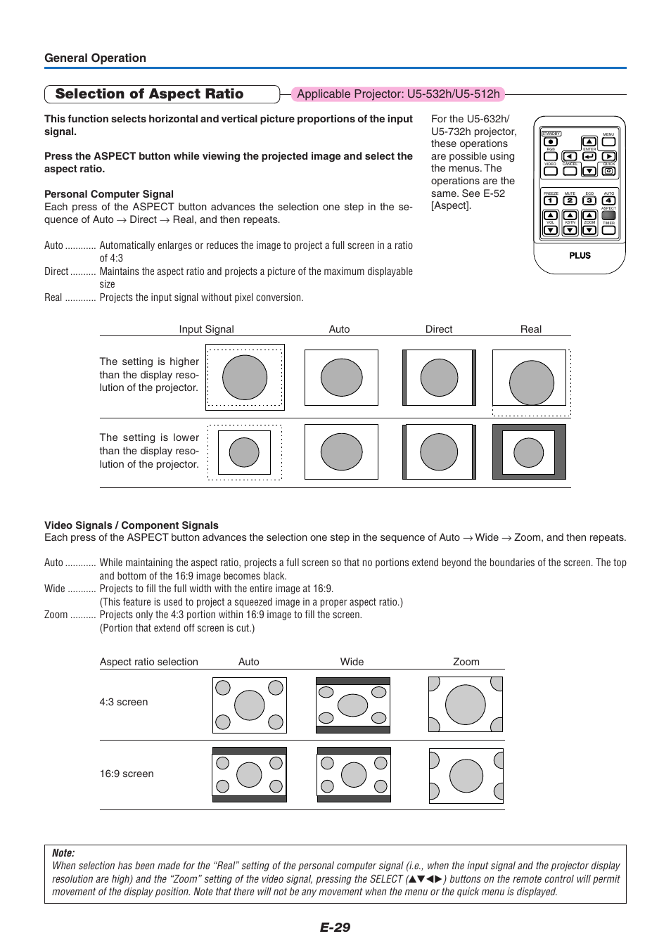 Selection of aspect ratio, E-29, General operation | PLUS Vision U5-632h User Manual | Page 29 / 73