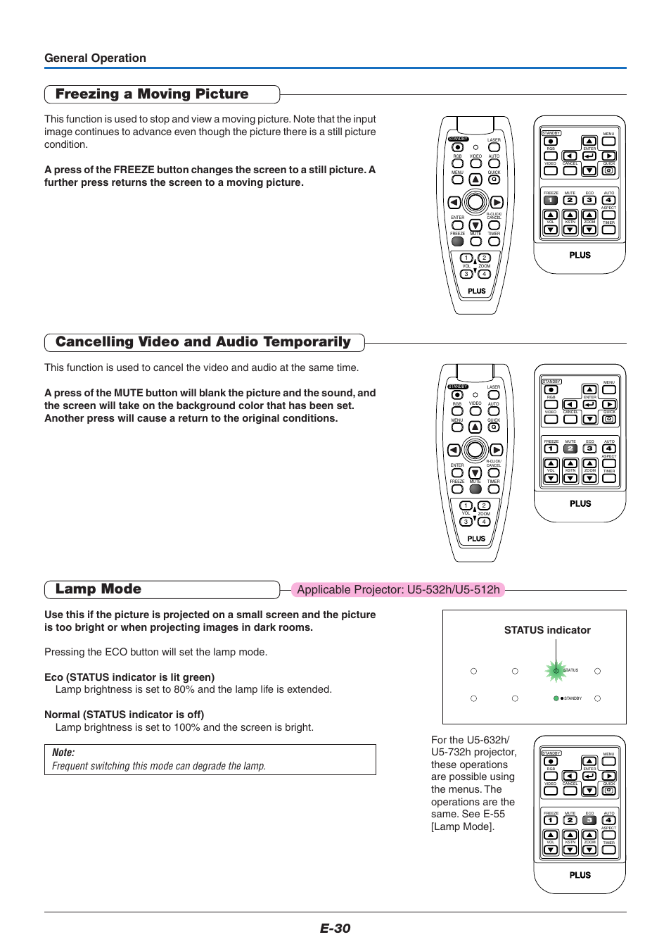 Freezing a moving picture, Cancelling video and audio temporarily, Lamp mode | E-30, General operation, Status indicator | PLUS Vision U5-632h User Manual | Page 30 / 73
