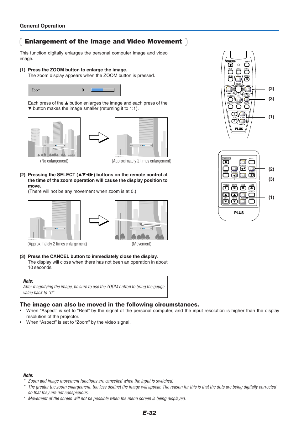 Enlargement of the image and video movement, E-32, General operation | Approximately 2 times enlargement) (movement) | PLUS Vision U5-632h User Manual | Page 32 / 73