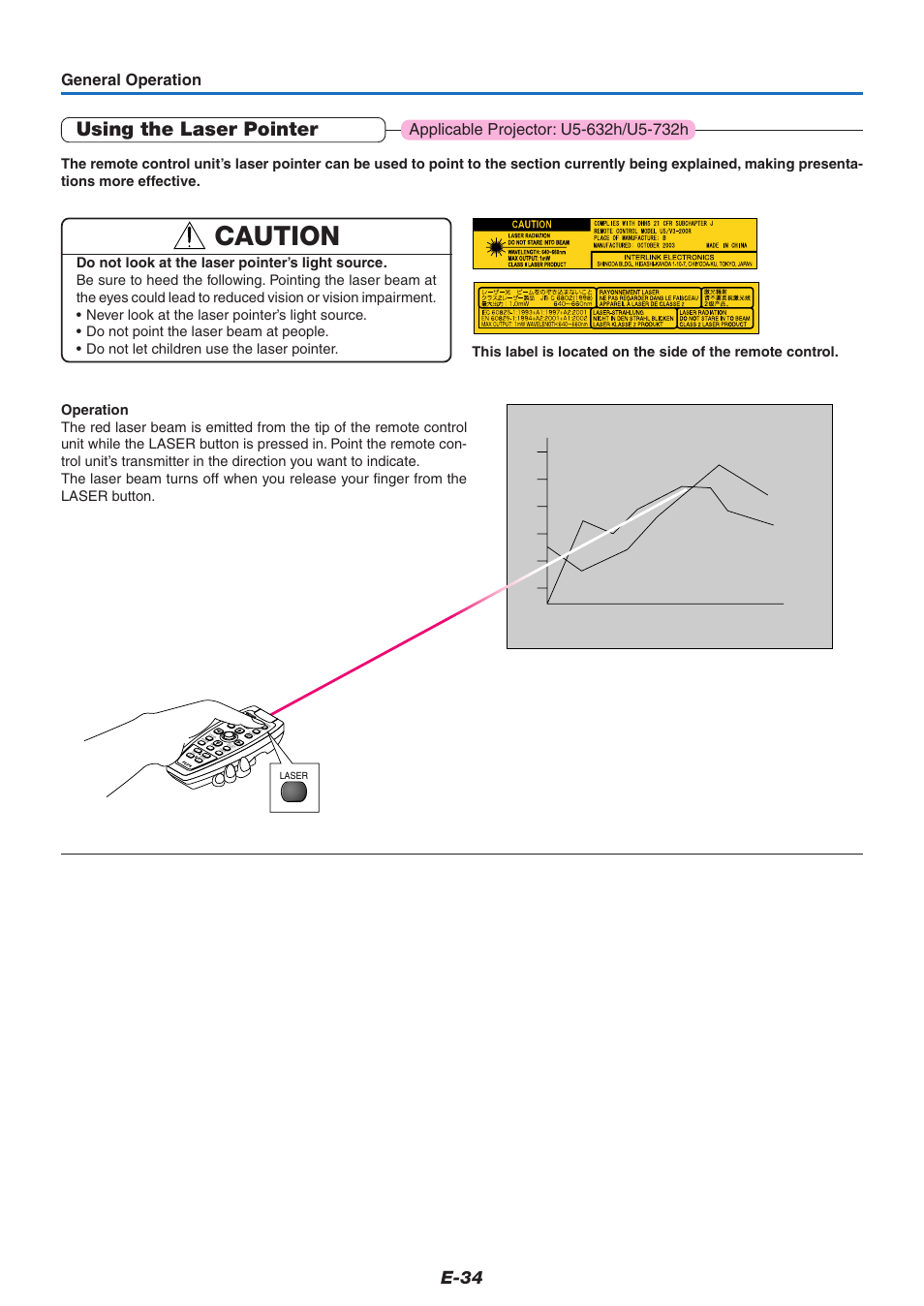 Using the laser pointer, Caution, E-34 | General operation, Laser | PLUS Vision U5-632h User Manual | Page 34 / 73