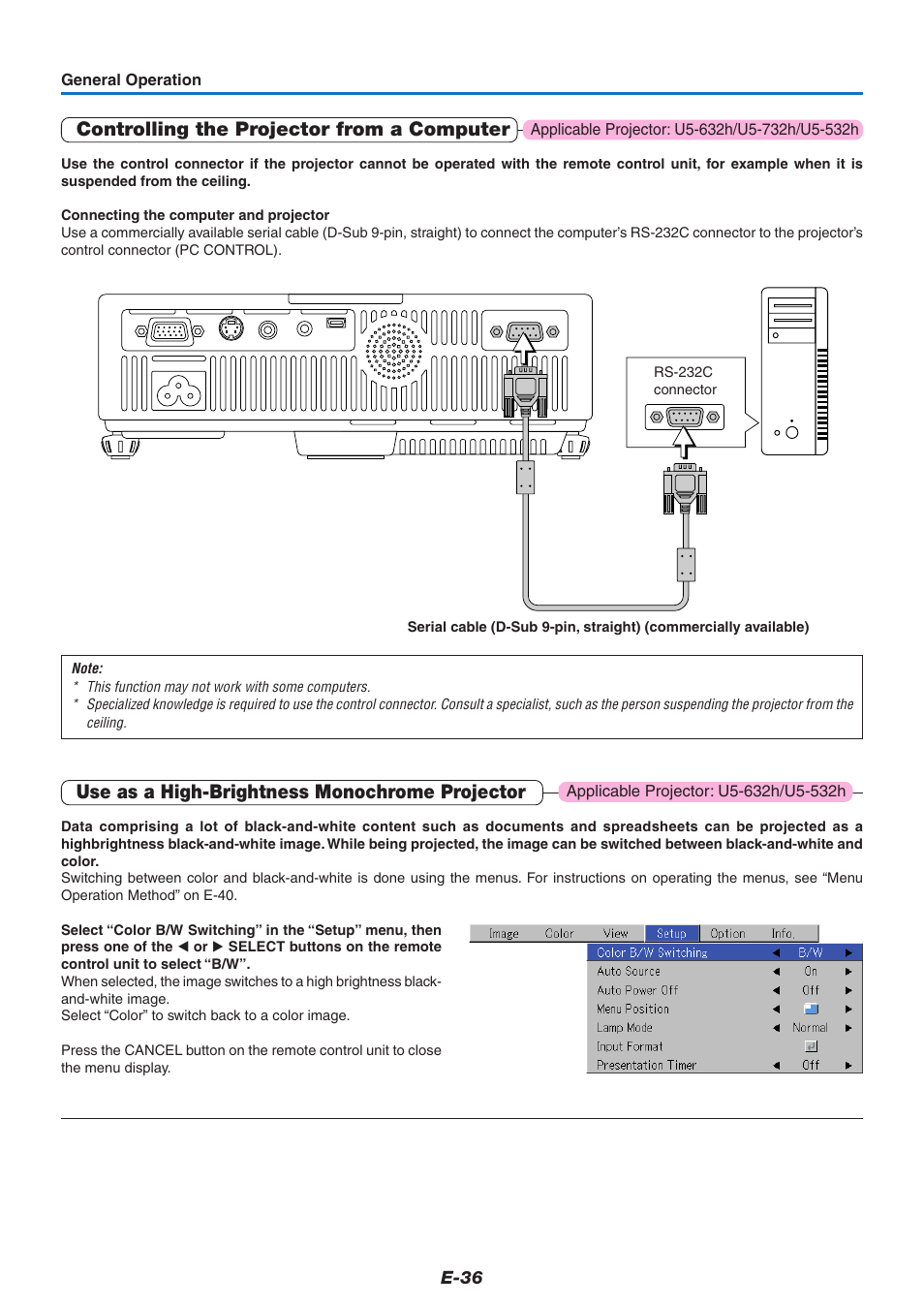 Controlling the projector from a computer, Use as a high-brightness monochrome projector | PLUS Vision U5-632h User Manual | Page 36 / 73