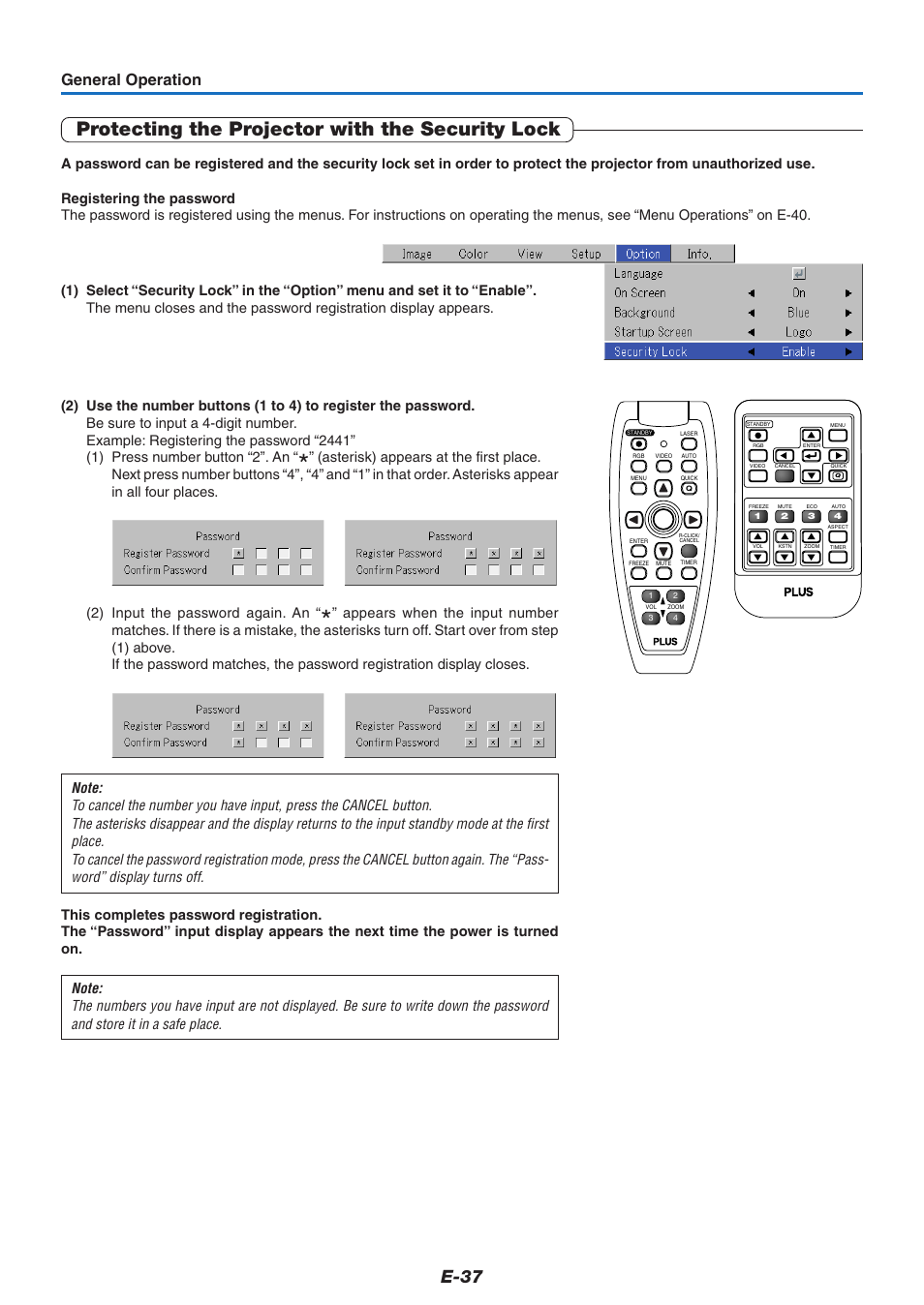 Protecting the projector with the security lock, E-37, General operation | PLUS Vision U5-632h User Manual | Page 37 / 73