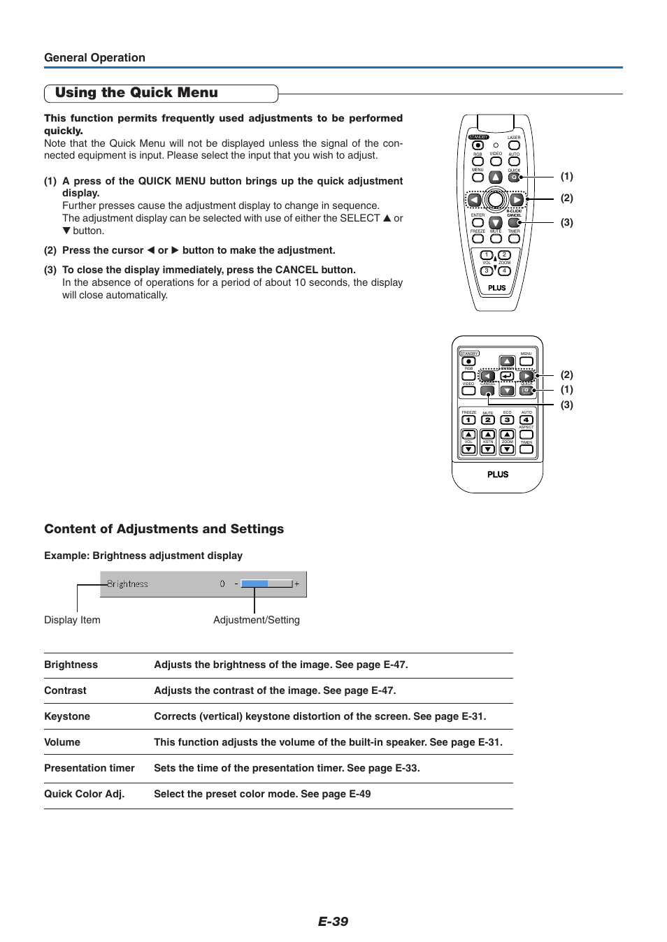 Using the quick menu, E-39, Content of adjustments and settings | General operation | PLUS Vision U5-632h User Manual | Page 39 / 73