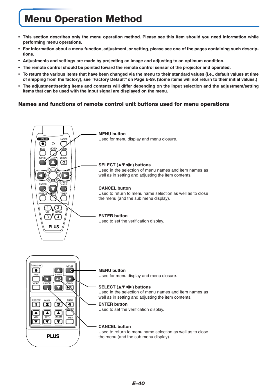 Menu operation method, E-40 | PLUS Vision U5-632h User Manual | Page 40 / 73