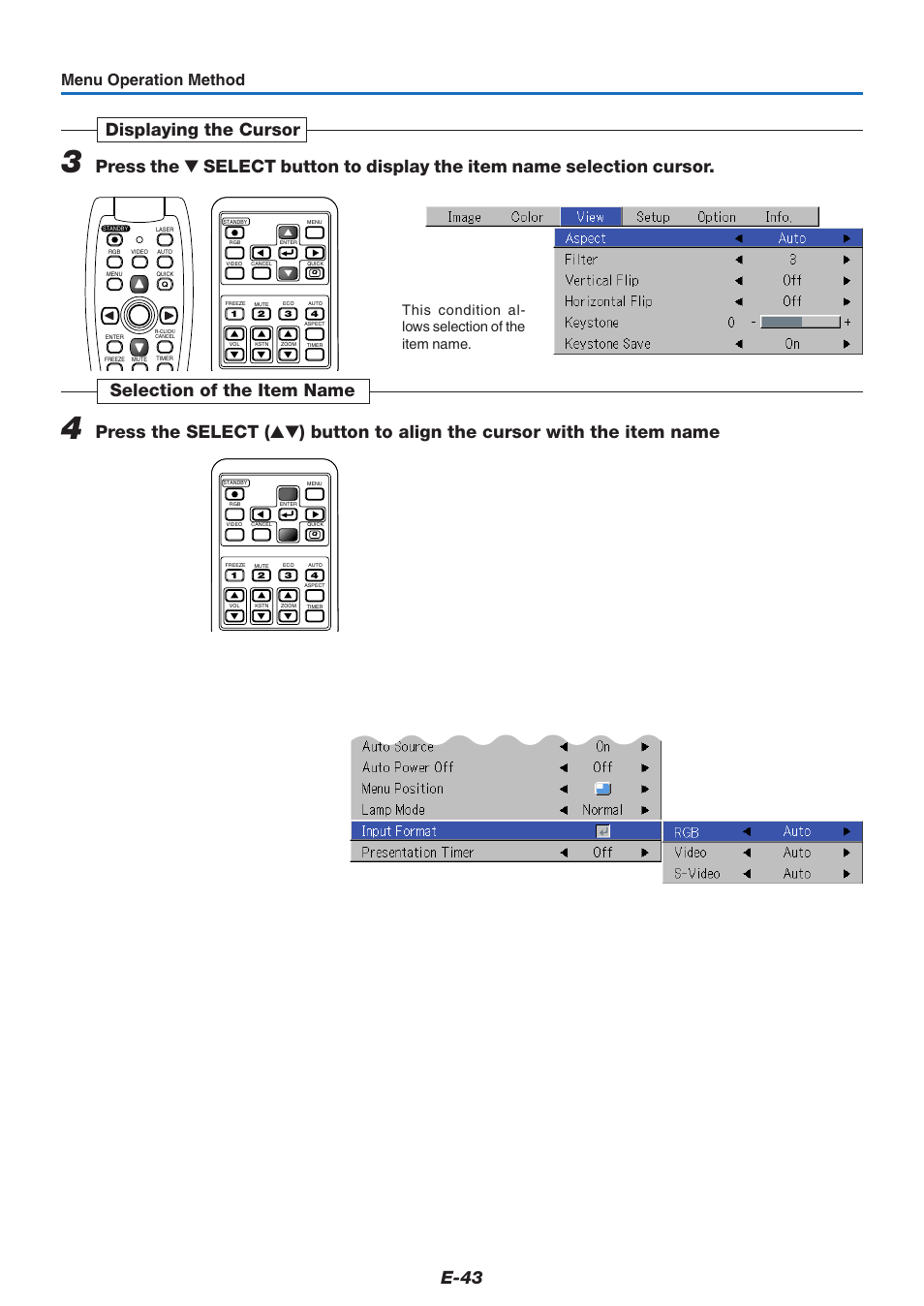E-43, Menu operation method, This condition al- lows selection of the item name | PLUS Vision U5-632h User Manual | Page 43 / 73