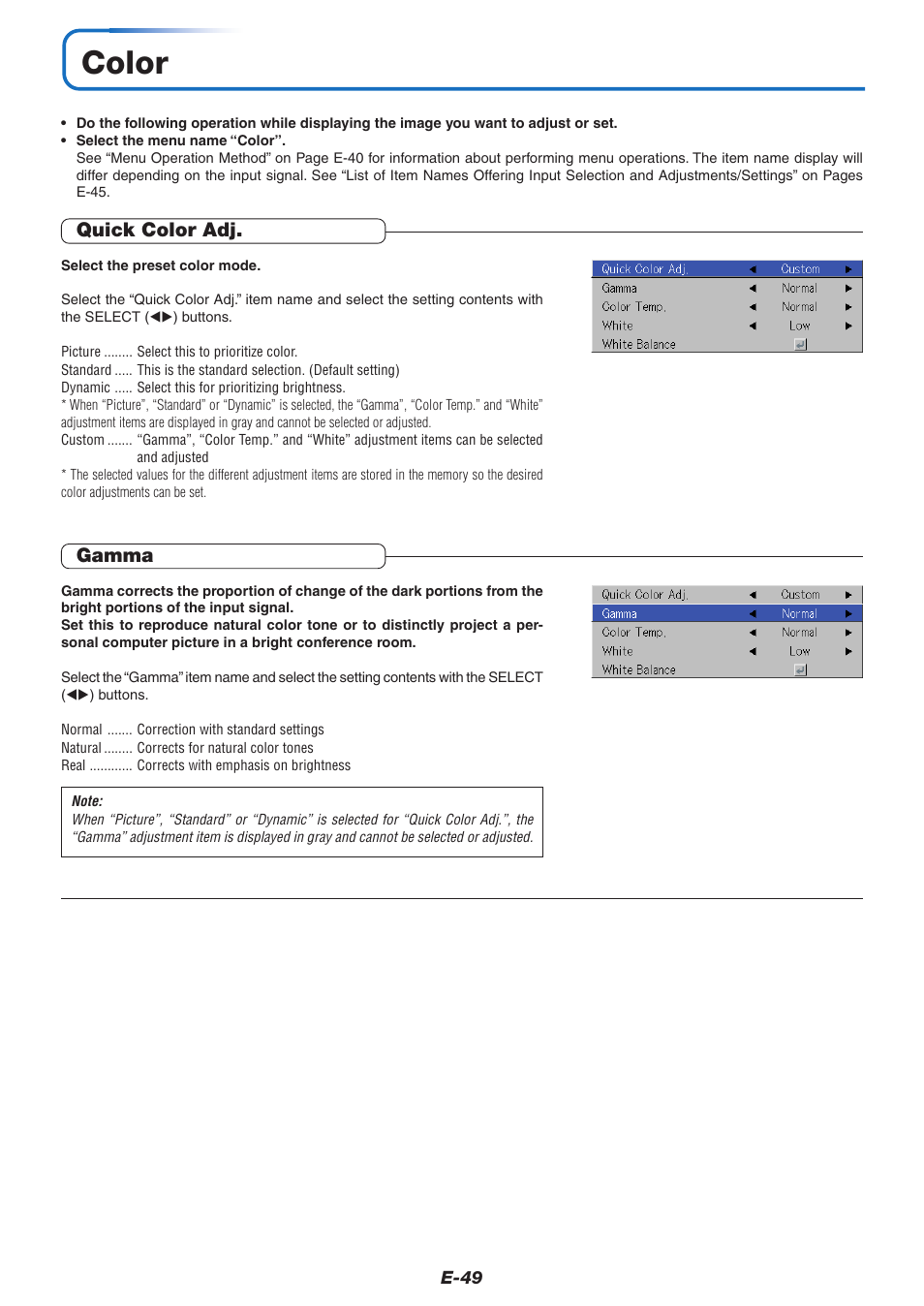 Color, Quick color adj, Gamma | PLUS Vision U5-632h User Manual | Page 49 / 73