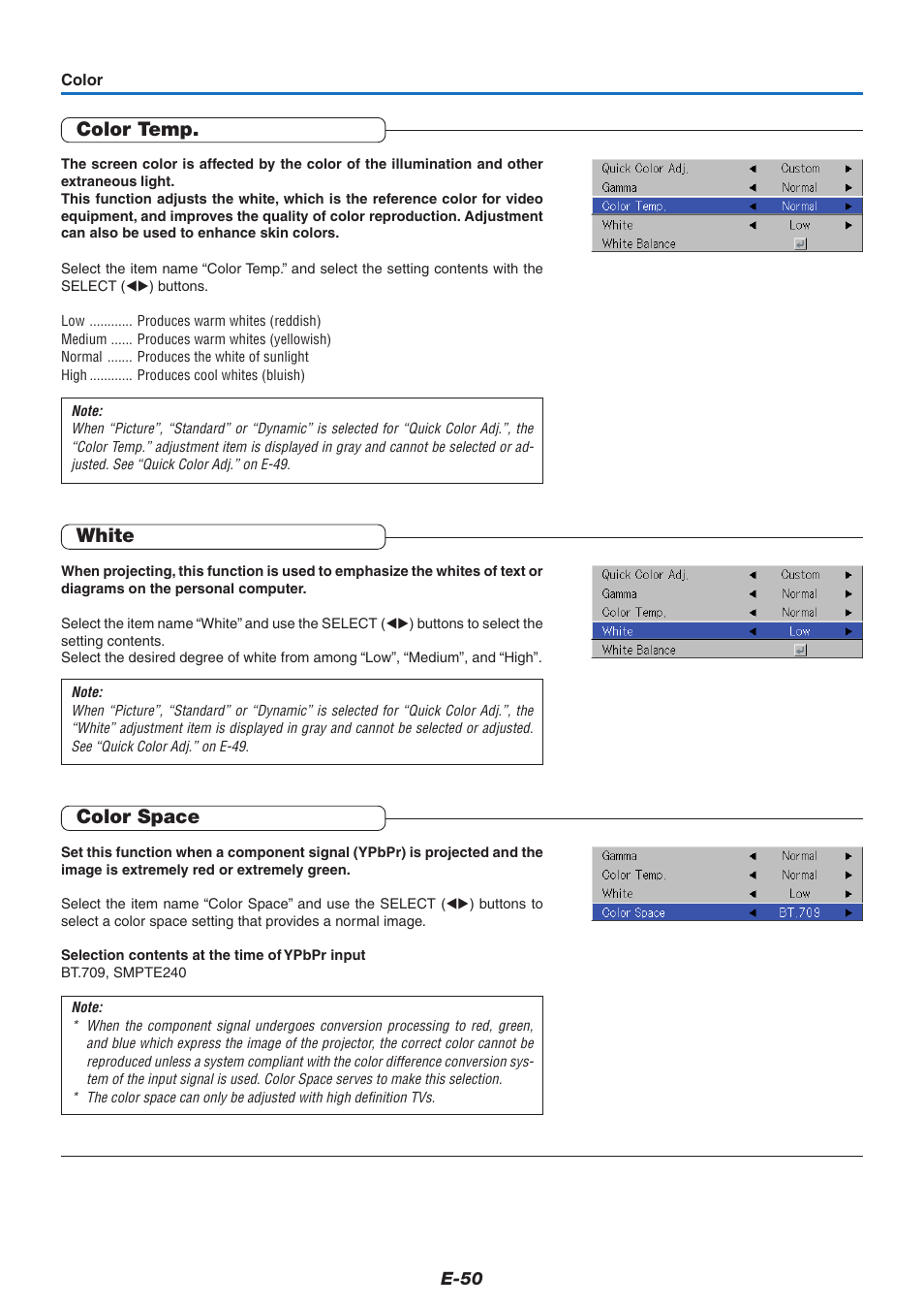 Color temp, White, Color space | PLUS Vision U5-632h User Manual | Page 50 / 73