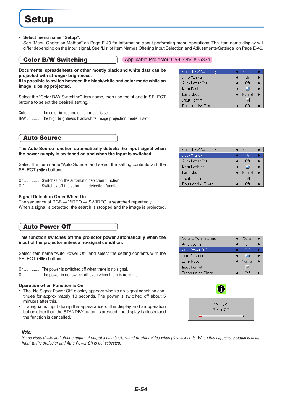 Setup, Color b/w switching, Auto source | Auto power off | PLUS Vision U5-632h User Manual | Page 54 / 73