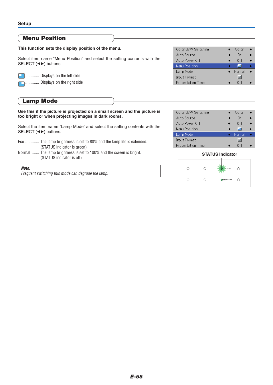 Menu position, Lamp mode, E-55 | PLUS Vision U5-632h User Manual | Page 55 / 73