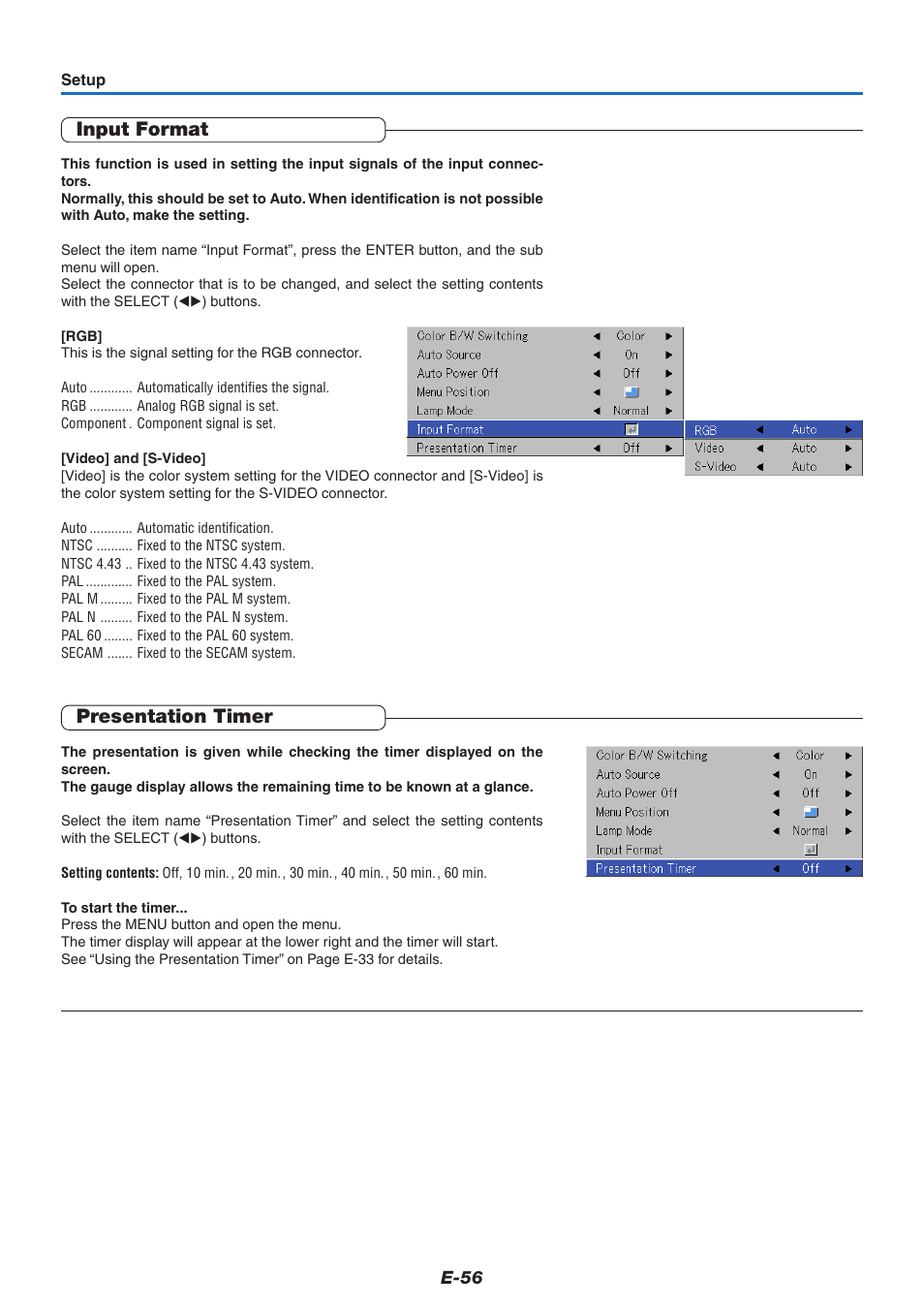 Input format, Presentation timer | PLUS Vision U5-632h User Manual | Page 56 / 73