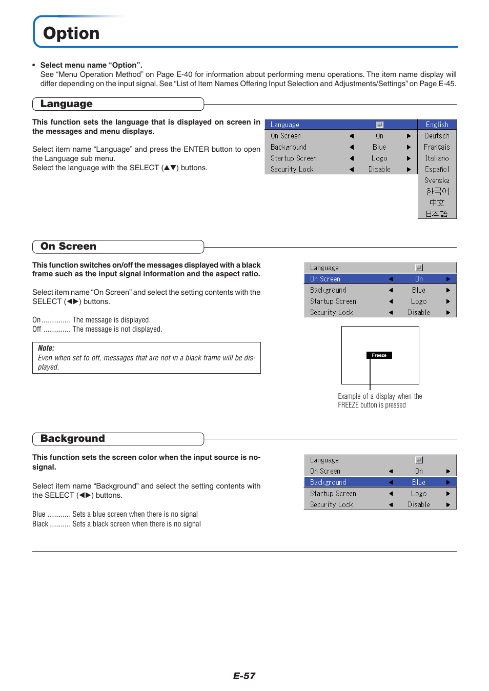 Option, Language, On screen | Background | PLUS Vision U5-632h User Manual | Page 57 / 73