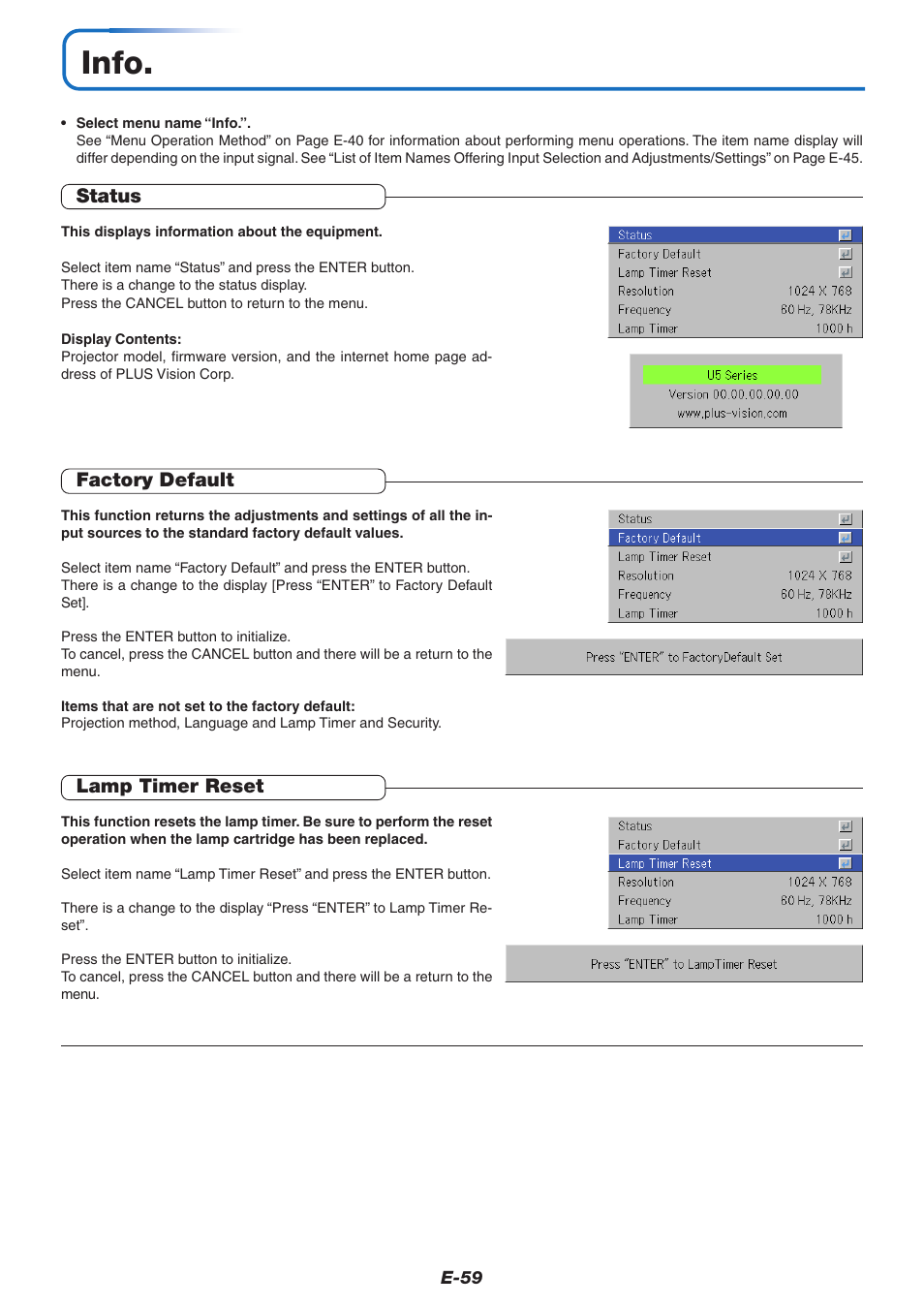 Info, Status, Factory default | Lamp timer reset | PLUS Vision U5-632h User Manual | Page 59 / 73