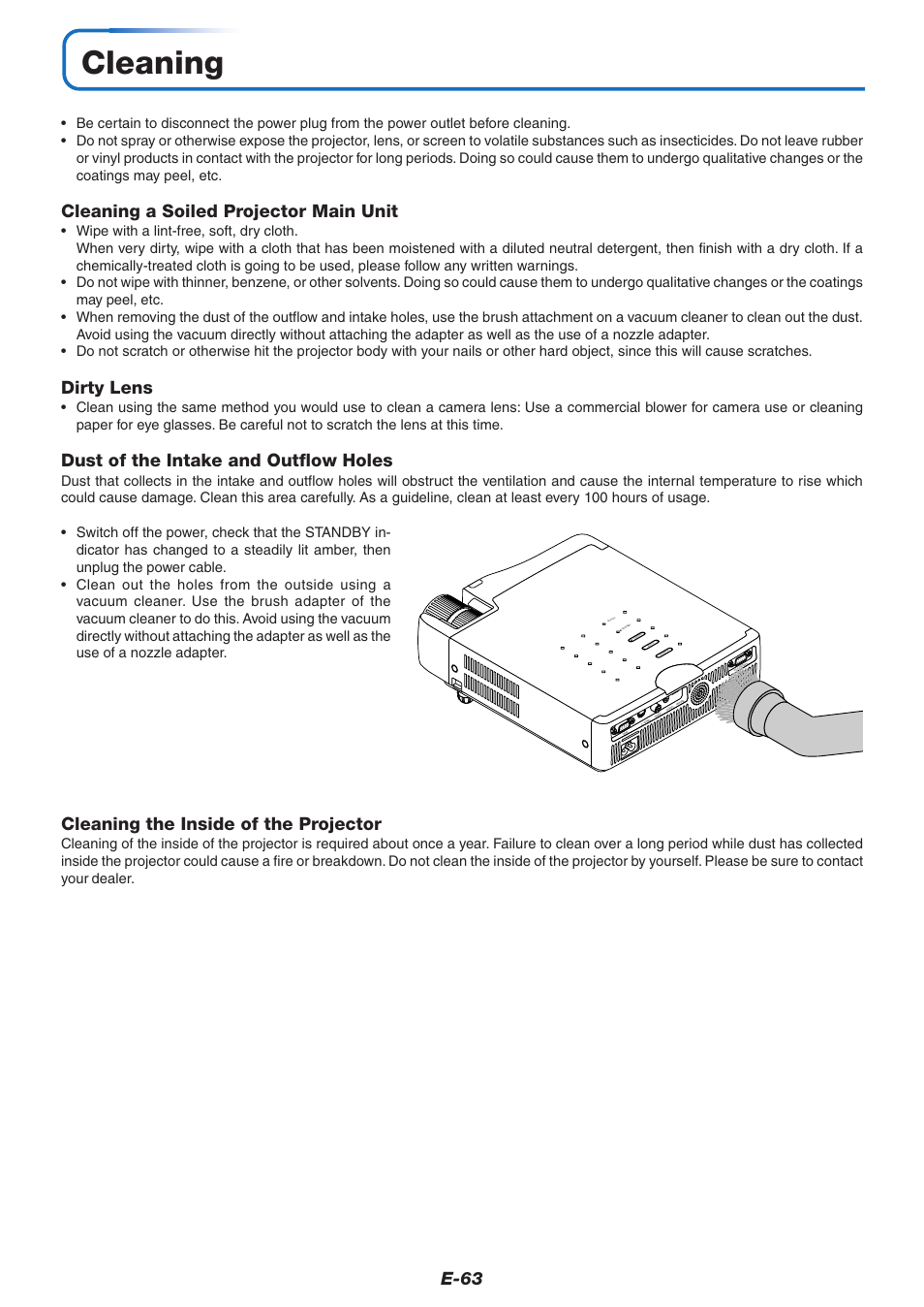 Cleaning, E-63, Cleaning a soiled projector main unit | Dirty lens, Dust of the intake and outflow holes, Cleaning the inside of the projector | PLUS Vision U5-632h User Manual | Page 63 / 73
