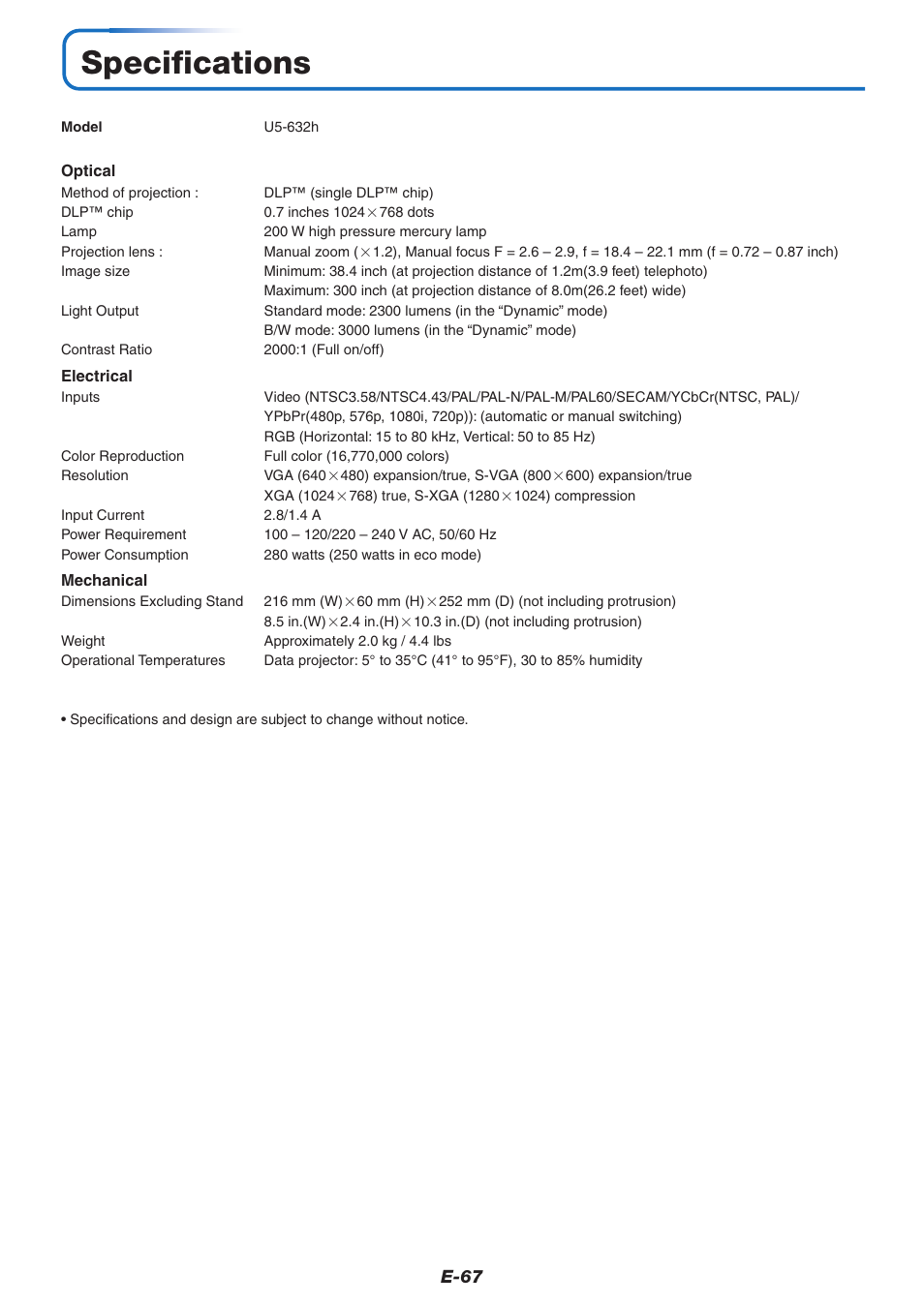 Specifications | PLUS Vision U5-632h User Manual | Page 67 / 73