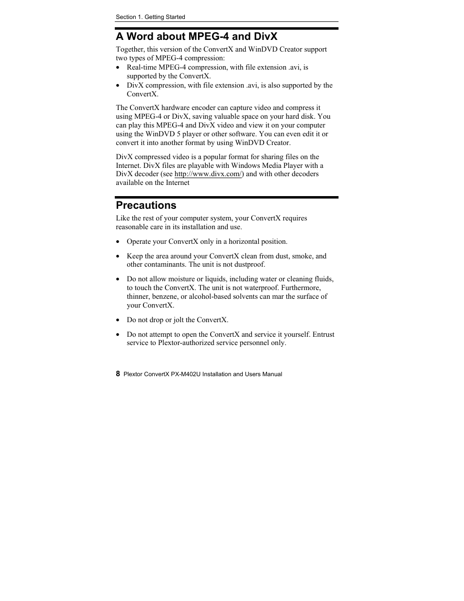 A word about mpeg-4 and divx, Precautions | Plextor CONVERTX PX-M402U User Manual | Page 14 / 80