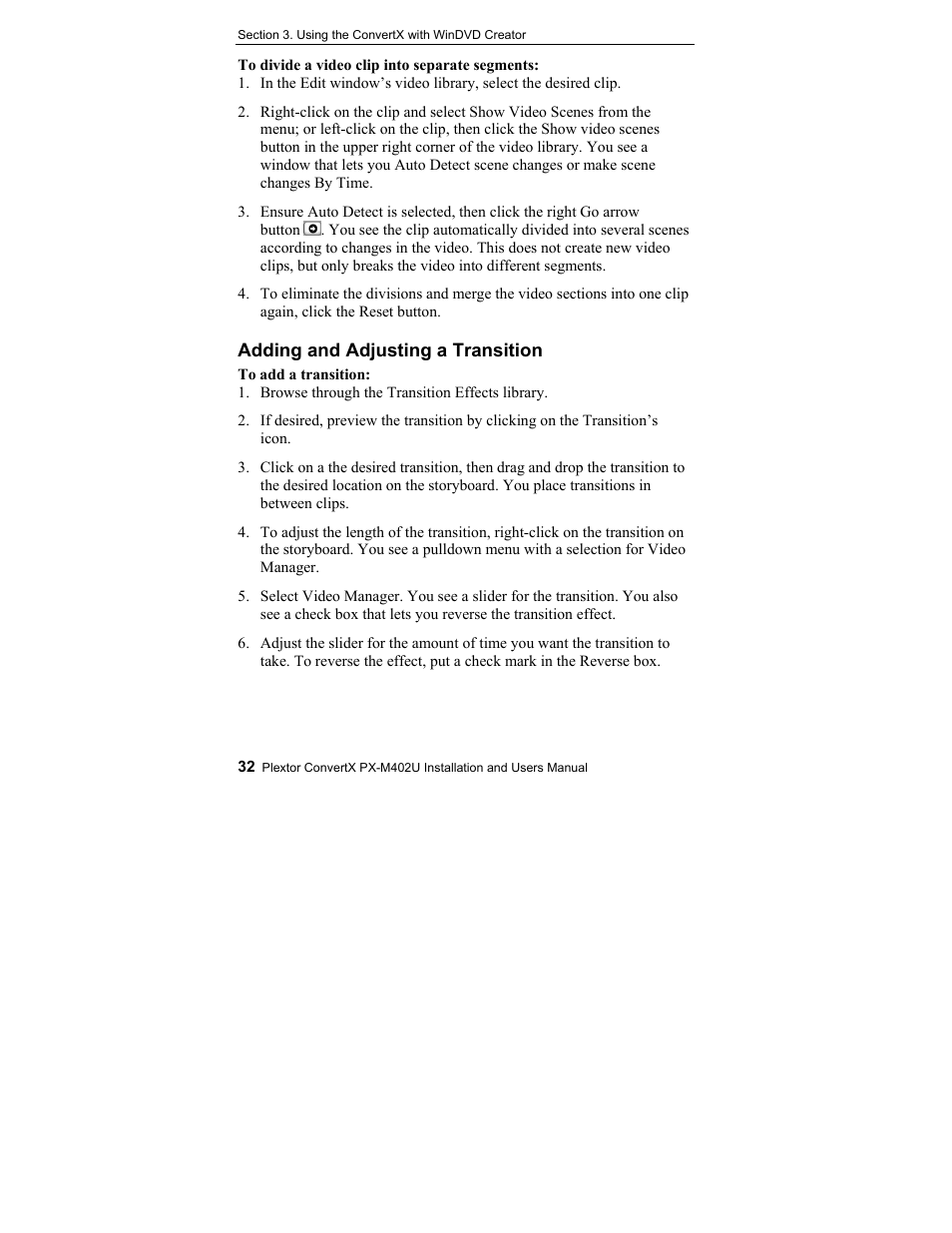 Adding and adjusting a transition | Plextor CONVERTX PX-M402U User Manual | Page 38 / 80