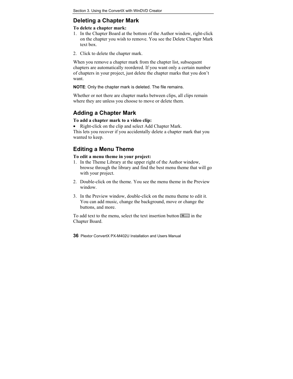 Deleting a chapter mark, Adding a chapter mark, Editing a menu theme | Plextor CONVERTX PX-M402U User Manual | Page 42 / 80