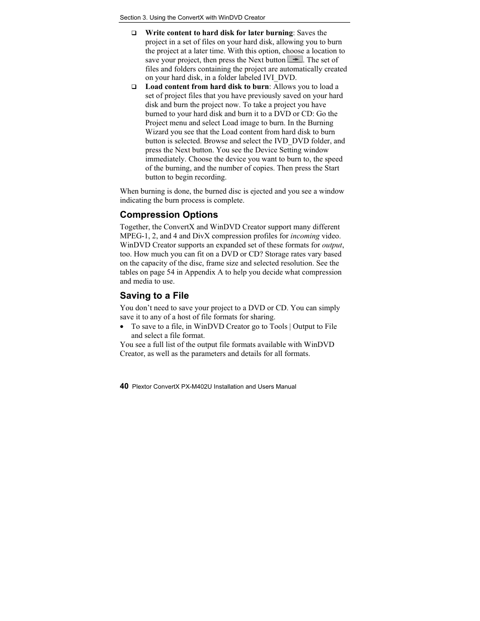 Compression options, Saving to a file | Plextor CONVERTX PX-M402U User Manual | Page 46 / 80