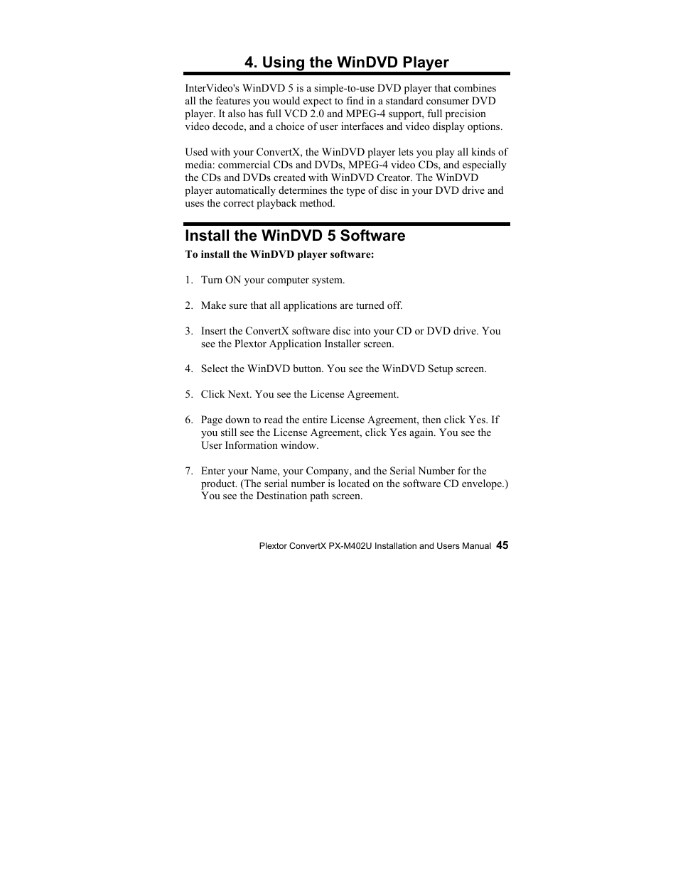 Using the windvd player, Install the windvd 5 software | Plextor CONVERTX PX-M402U User Manual | Page 51 / 80