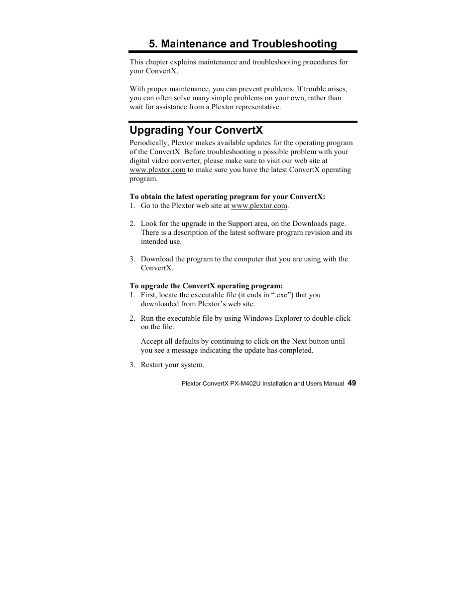 Maintenance and troubleshooting, Upgrading your convertx | Plextor CONVERTX PX-M402U User Manual | Page 55 / 80