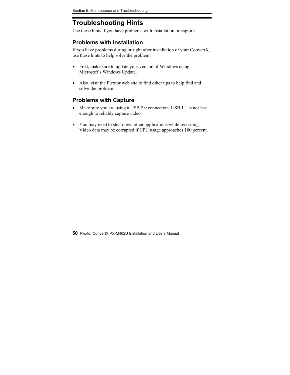 Troubleshooting hints | Plextor CONVERTX PX-M402U User Manual | Page 56 / 80