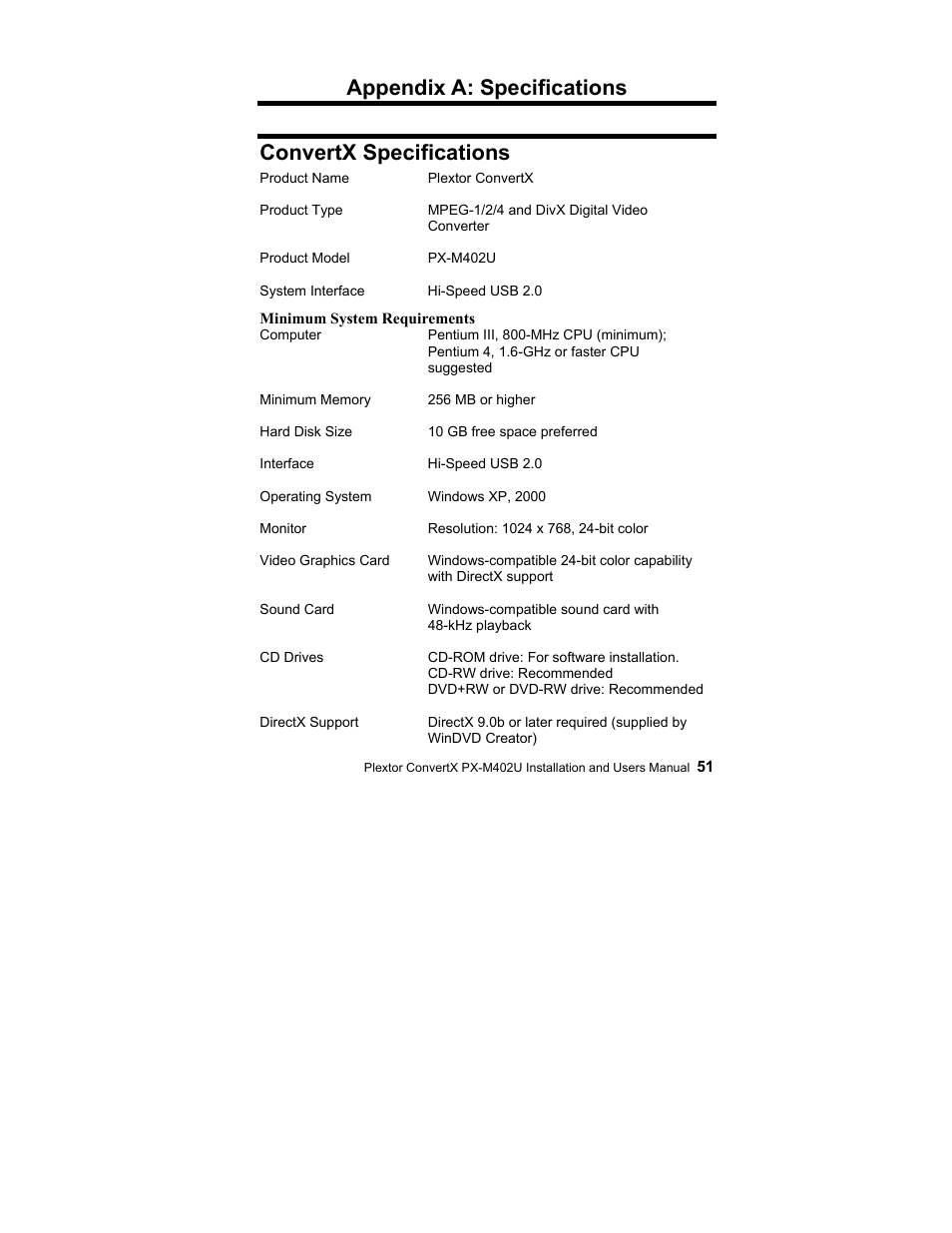 Appendix a: specifications convertx specifications | Plextor CONVERTX PX-M402U User Manual | Page 57 / 80