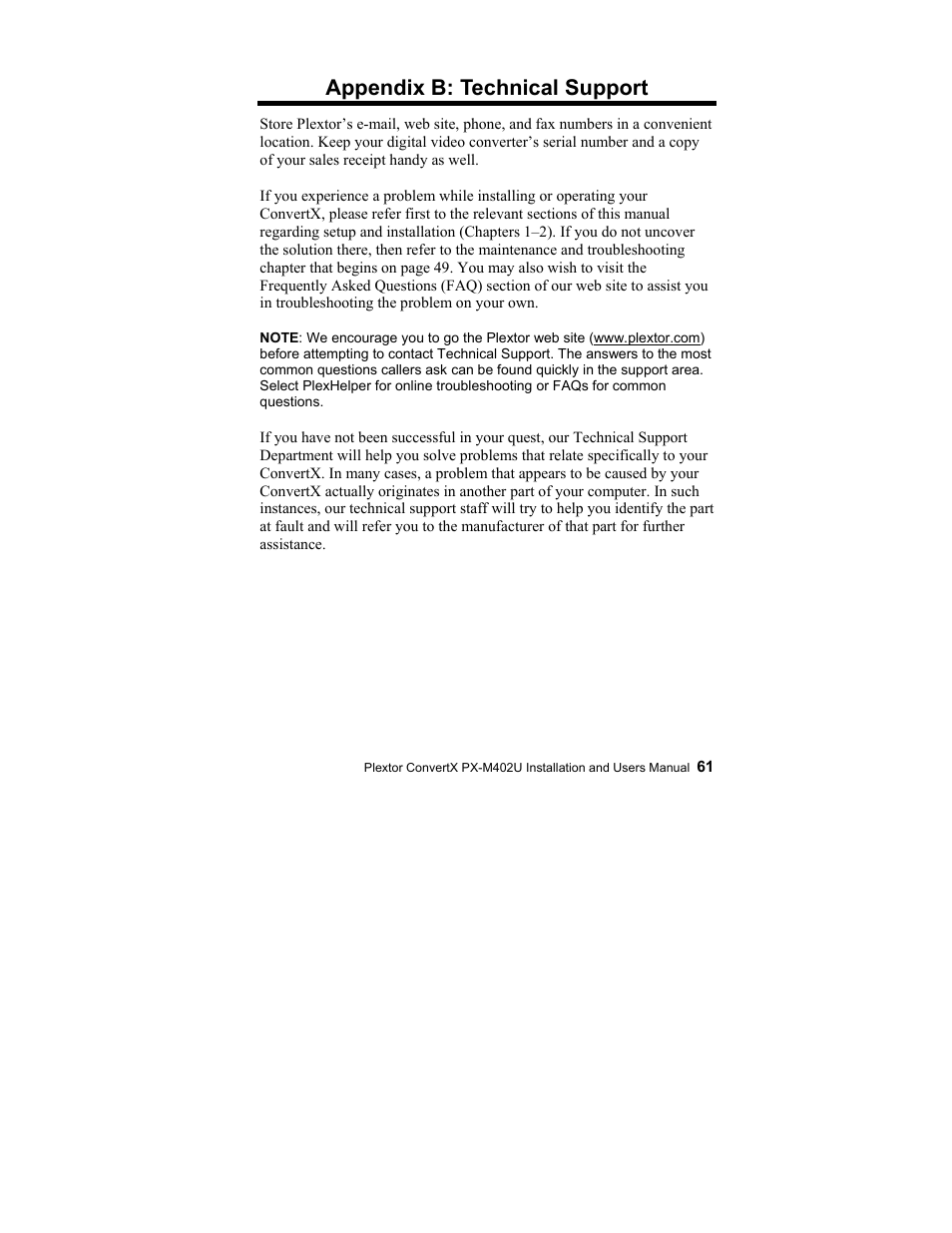 Appendix b: technical support | Plextor CONVERTX PX-M402U User Manual | Page 67 / 80