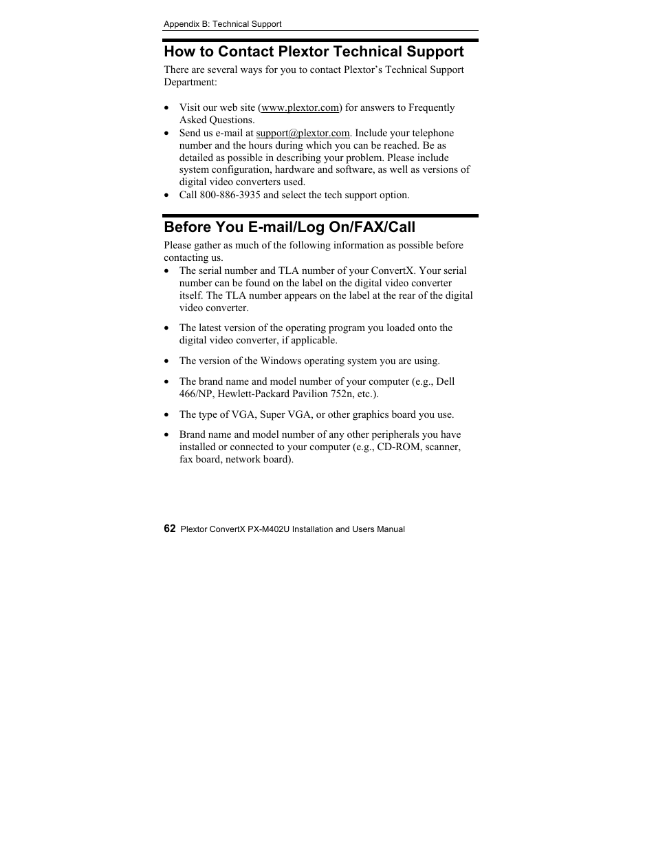 How to contact plextor technical support, Before you e-mail/log on/fax/call | Plextor CONVERTX PX-M402U User Manual | Page 68 / 80