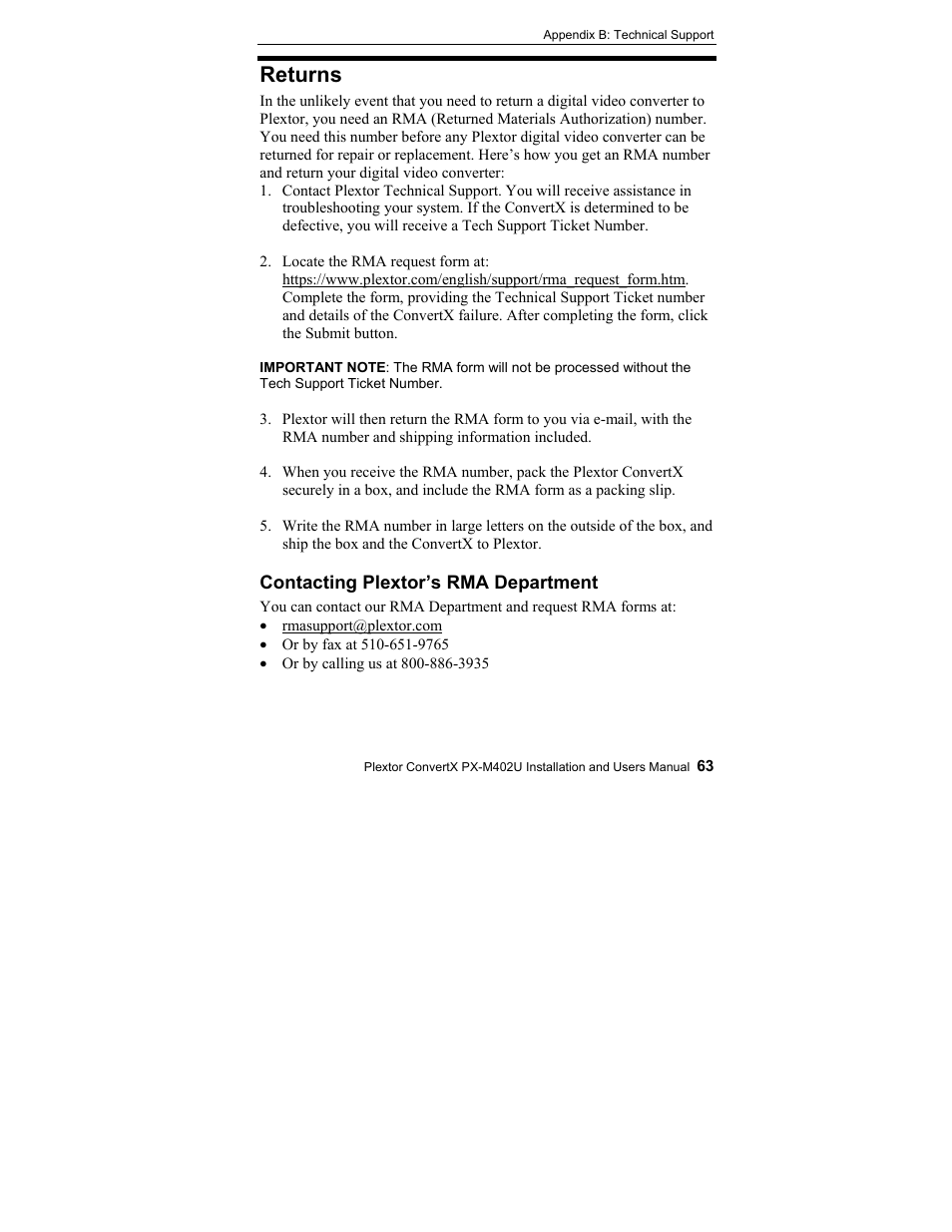 Returns | Plextor CONVERTX PX-M402U User Manual | Page 69 / 80