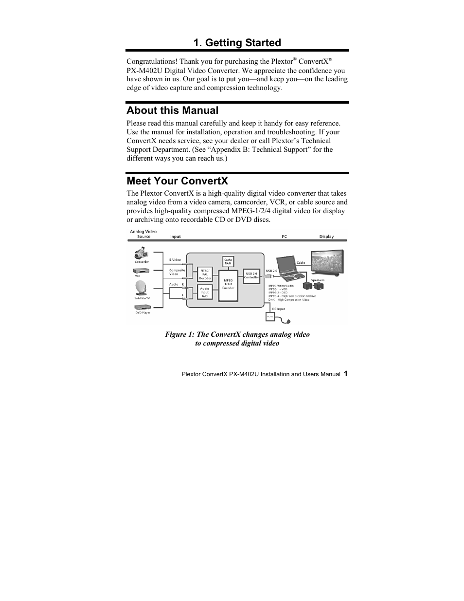 Getting started, About this manual, Meet your convertx | Plextor CONVERTX PX-M402U User Manual | Page 7 / 80