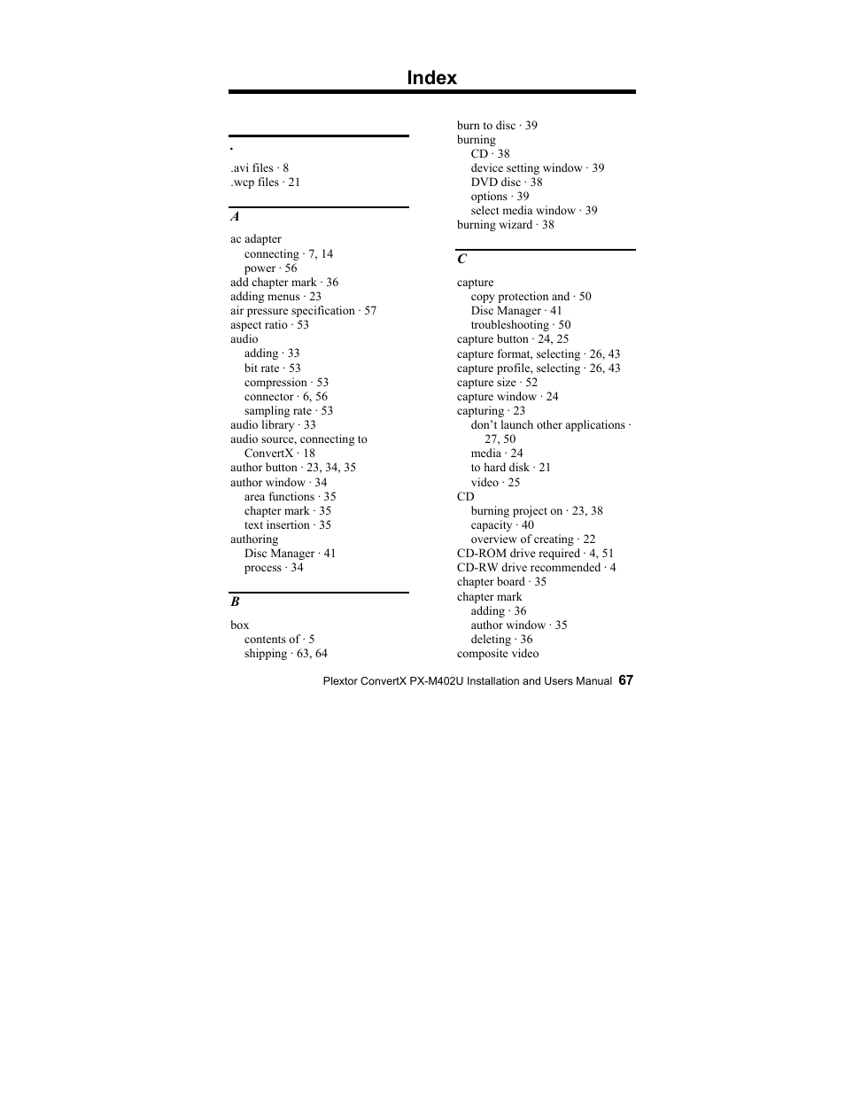 Index | Plextor CONVERTX PX-M402U User Manual | Page 73 / 80