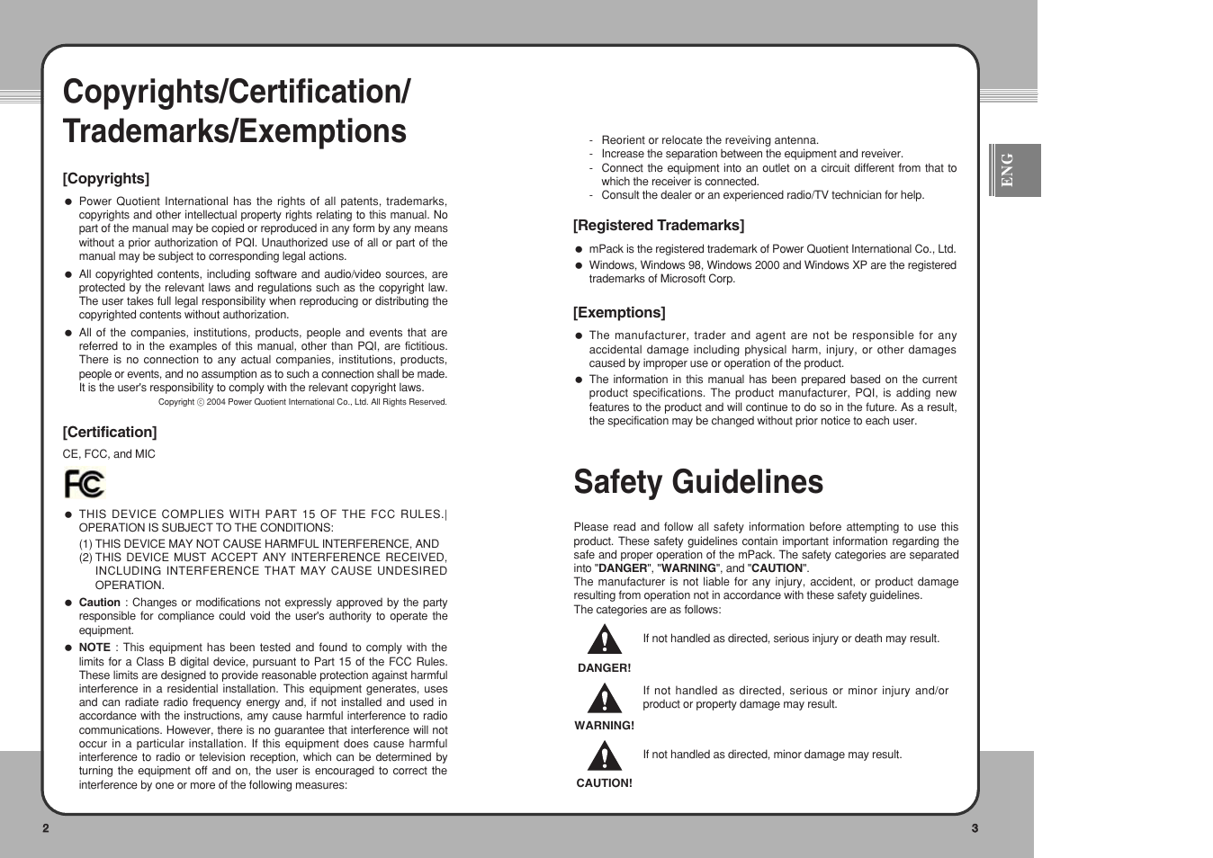 Copyrights/certification/ trademarks/exemptions, Safety guidelines | PQI mPack User Manual | Page 3 / 48