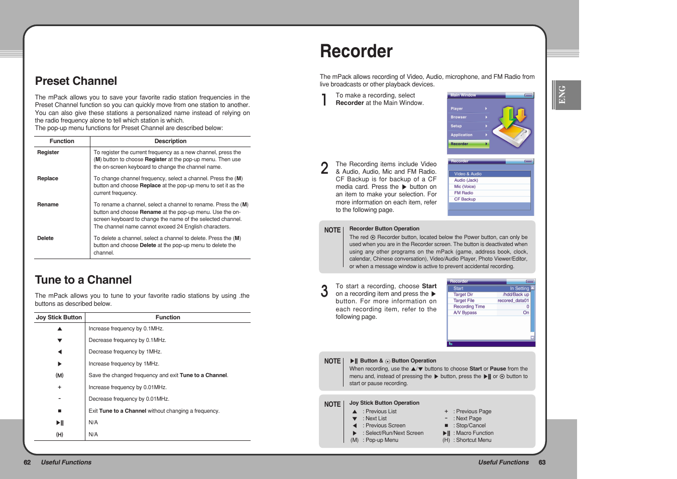 Recorder, Preset channel, Tune to a channel | PQI mPack User Manual | Page 33 / 48