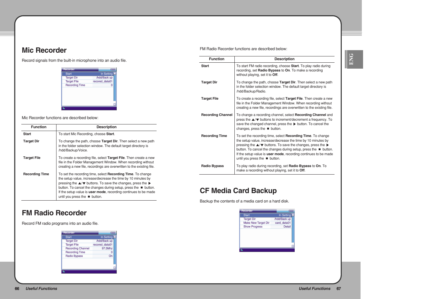 Mic recorder, Fm radio recorder, Cf media card backup | PQI mPack User Manual | Page 35 / 48