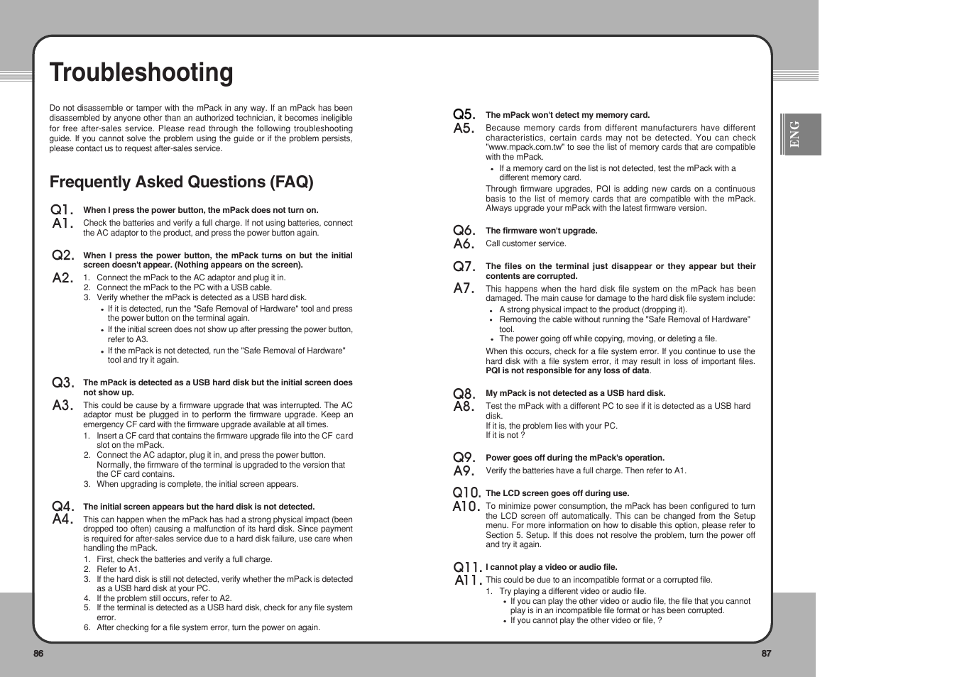 Troubleshooting, Frequently asked questions (faq) | PQI mPack User Manual | Page 45 / 48