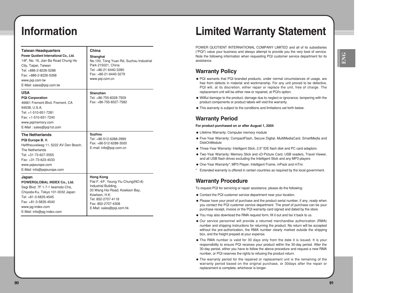 Information, Limited warranty statement, Warranty policy | Warranty period, Warranty procedure | PQI mPack User Manual | Page 47 / 48