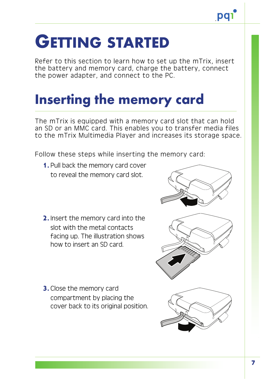 Getting started, Inserting the memory card, Etting | Started | PQI Multimedia Player User Manual | Page 11 / 45