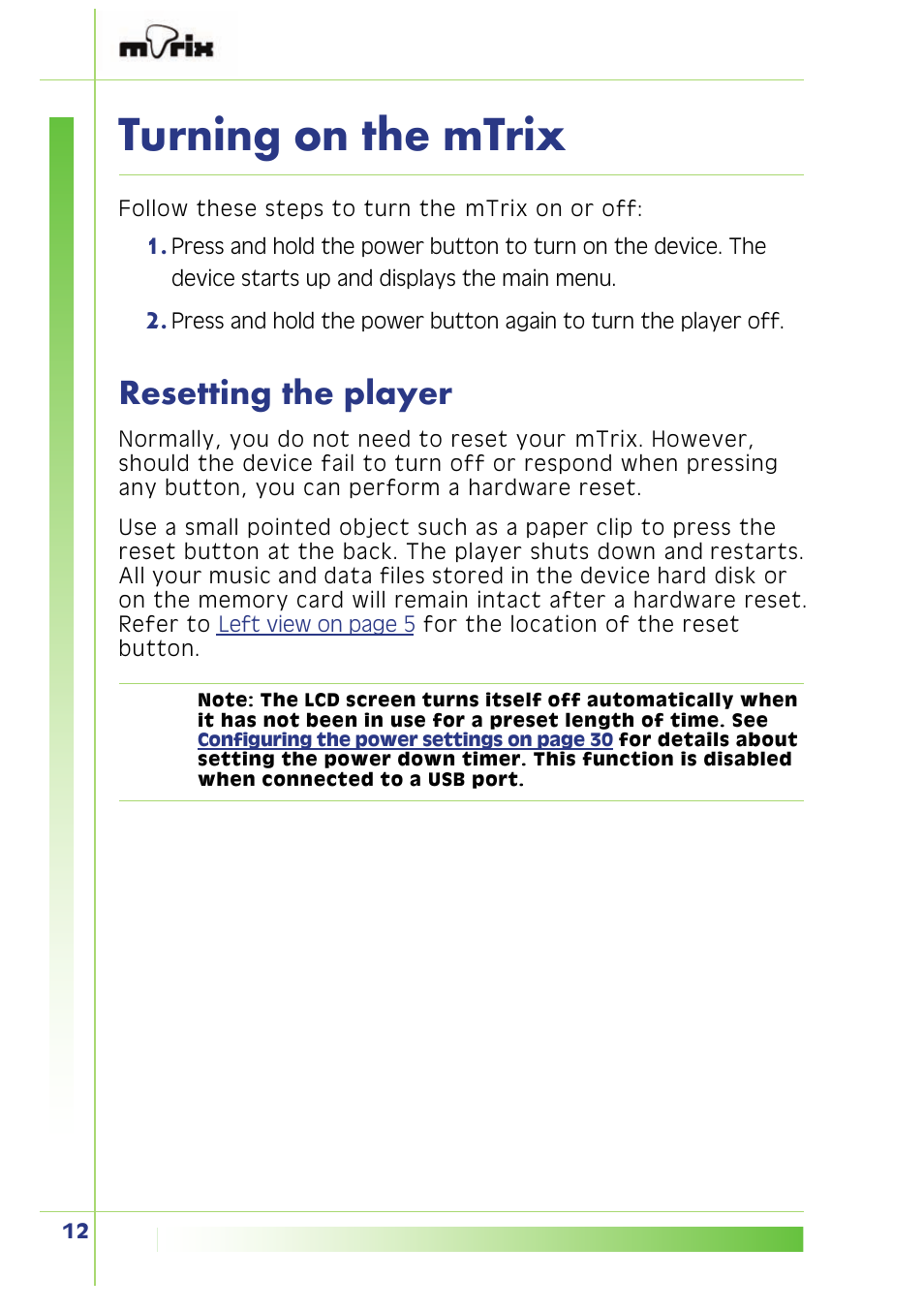 Turning on the mtrix, Resetting the player | PQI Multimedia Player User Manual | Page 16 / 45