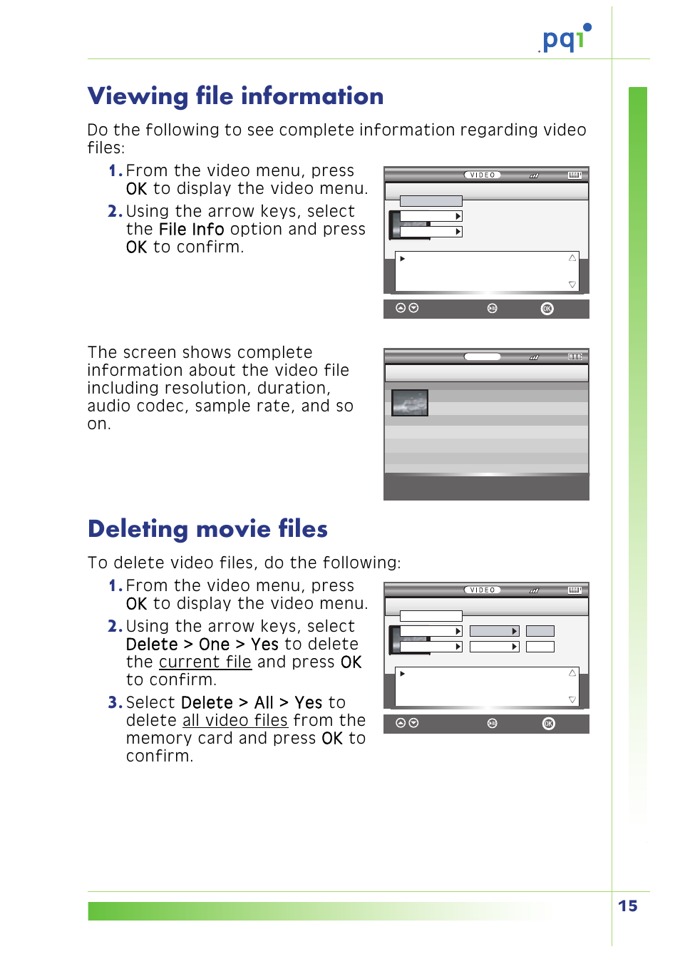 Viewing file information, Deleting movie files | PQI Multimedia Player User Manual | Page 19 / 45