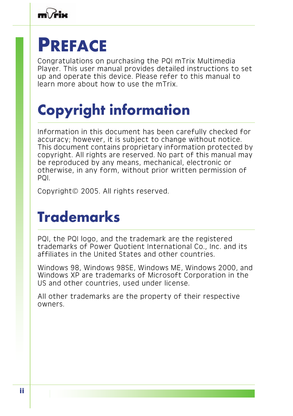 Reface, Copyright information, Trademarks | PQI Multimedia Player User Manual | Page 2 / 45