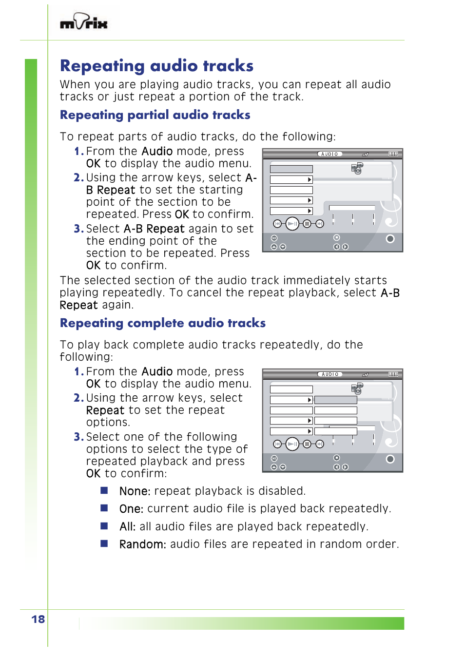 Repeating audio tracks, Repeating partial audio tracks, Repeating complete audio tracks | PQI Multimedia Player User Manual | Page 22 / 45