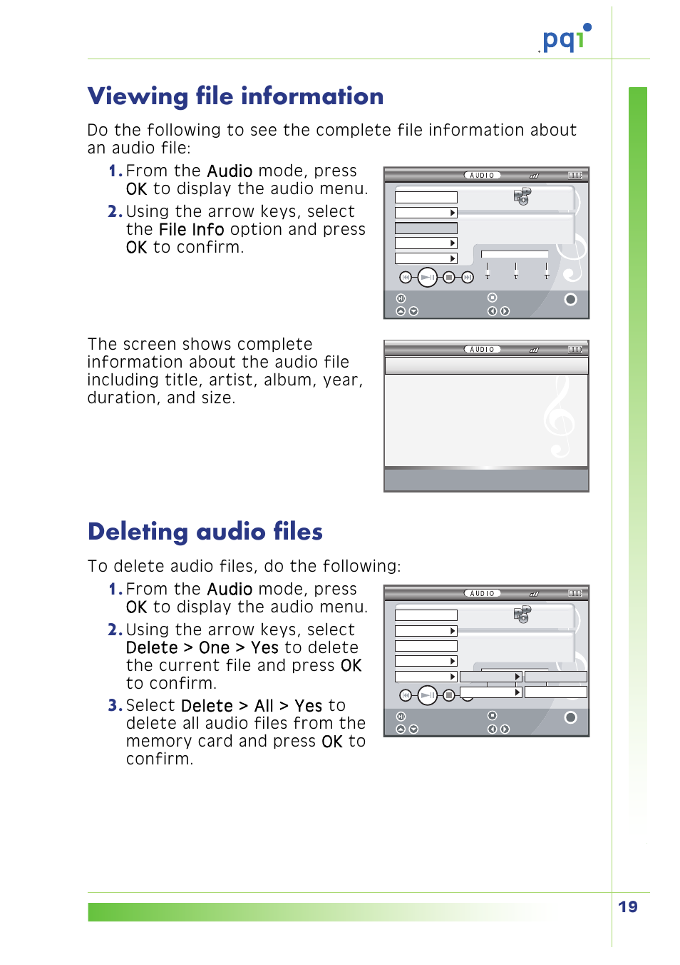 Viewing file information, Deleting audio files | PQI Multimedia Player User Manual | Page 23 / 45